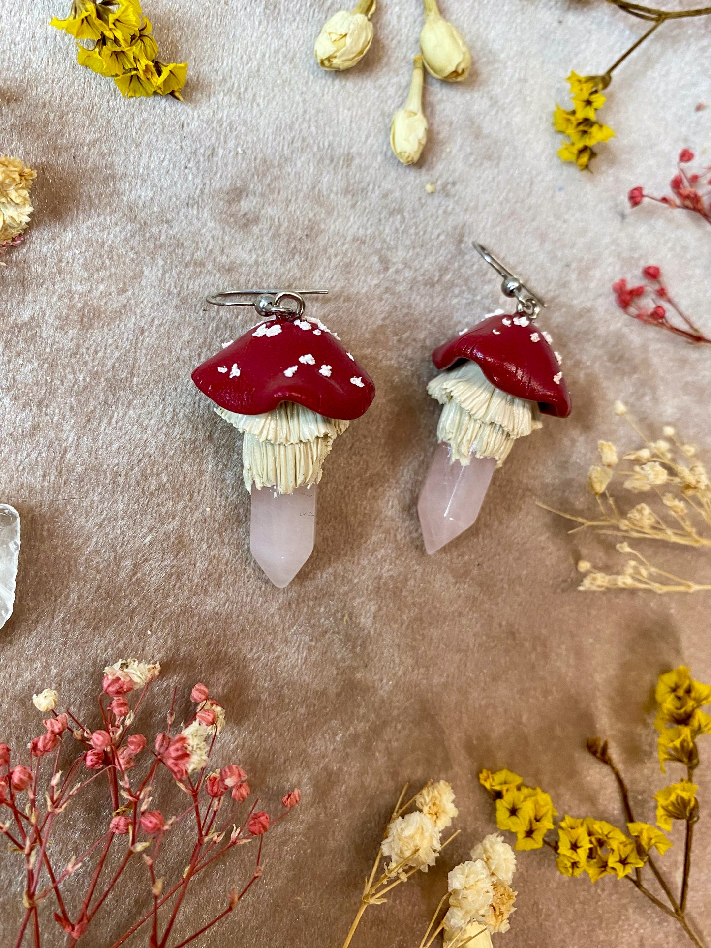 Rose Quartz Crystal Mushroom Earrings