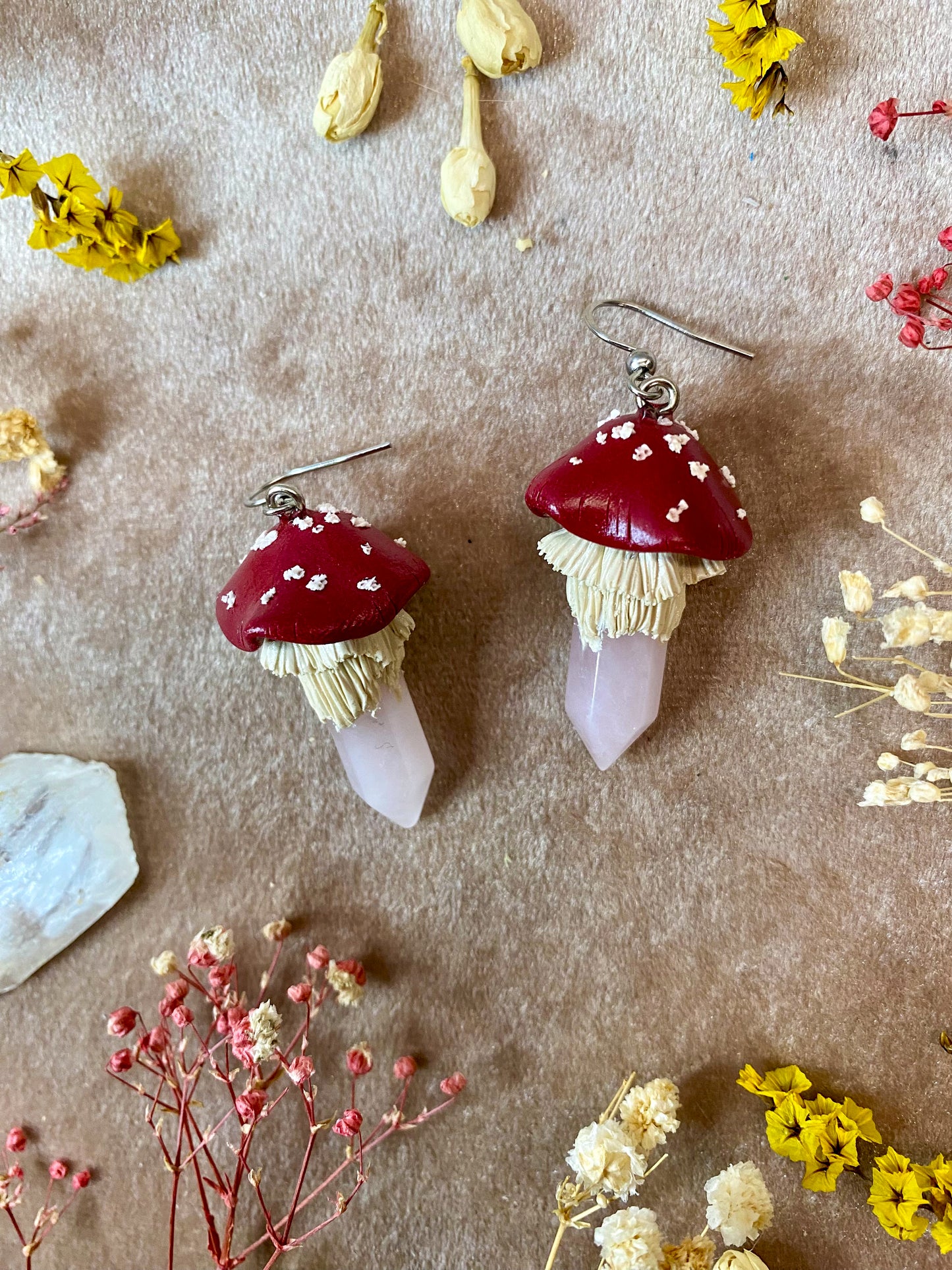 Rose Quartz Crystal Mushroom Earrings