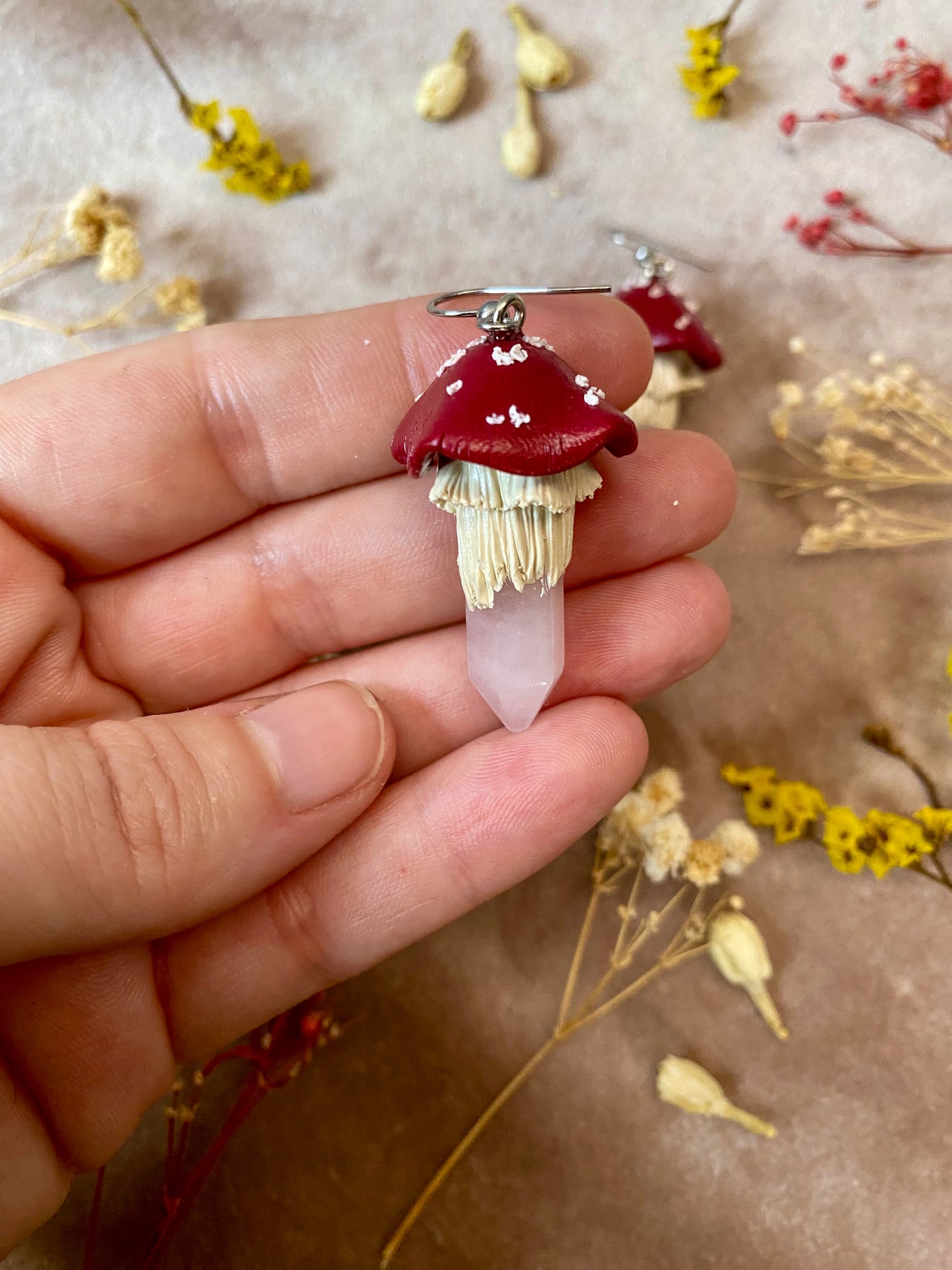 Rose Quartz Crystal Mushroom Earrings