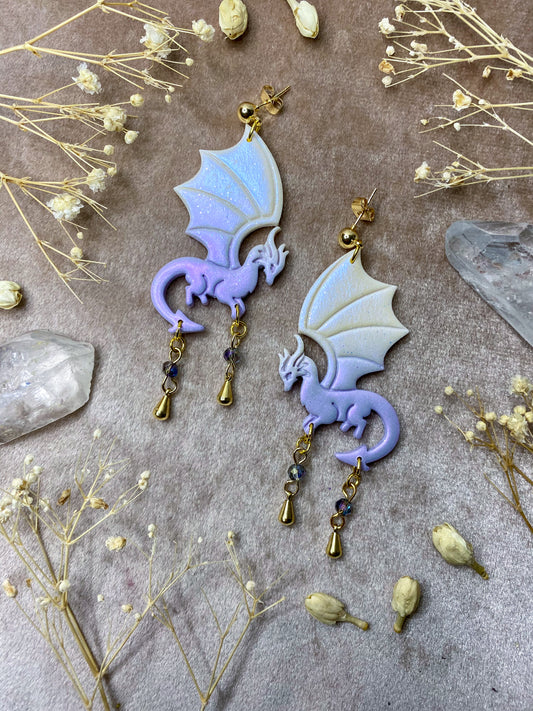 Polymer clay purple and white ombre dragon dangle earrings