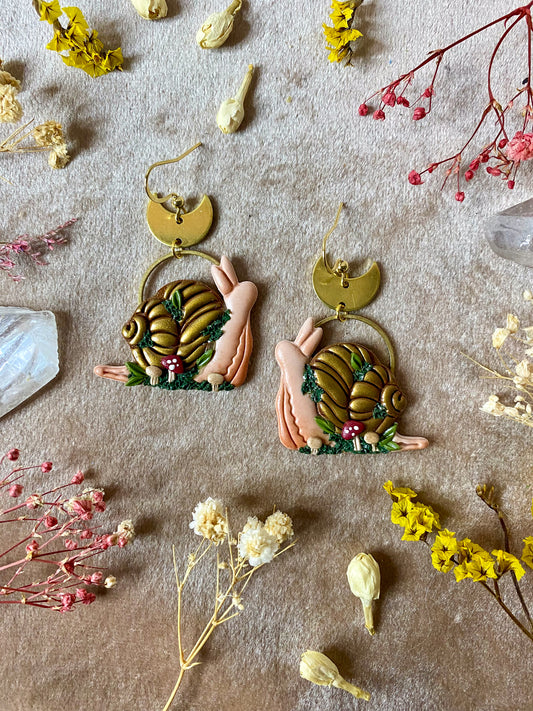 polymer clay woodland snail with mushrooms dangle earrings