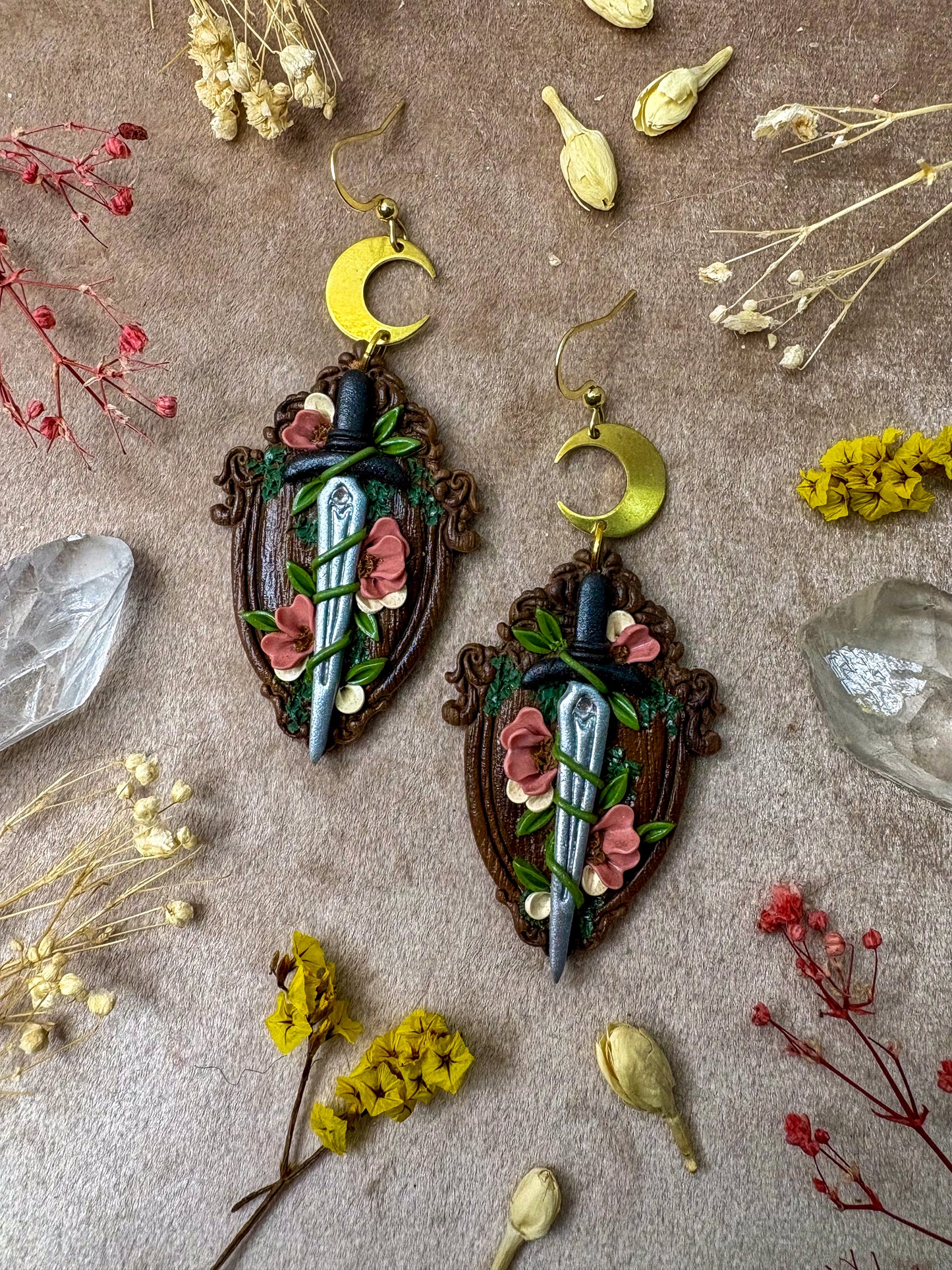 Wooden Floral Sword Frame Earrings