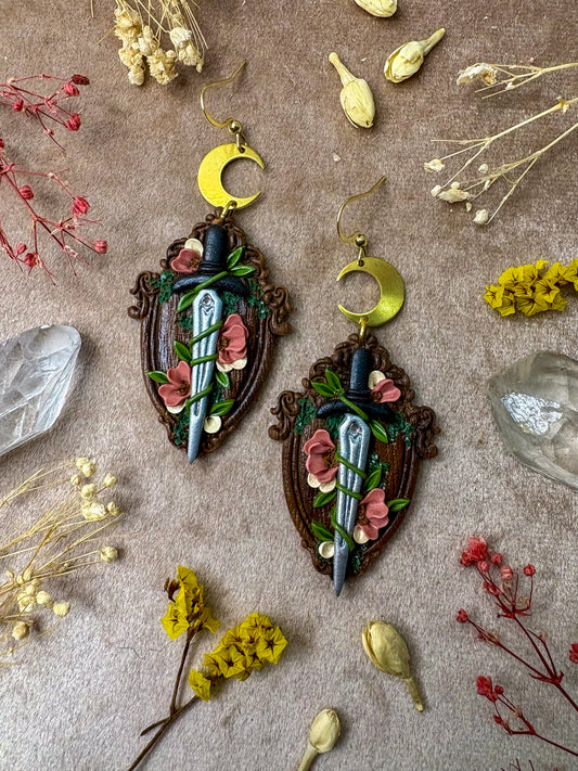 Wooden Floral Sword Frame Earrings