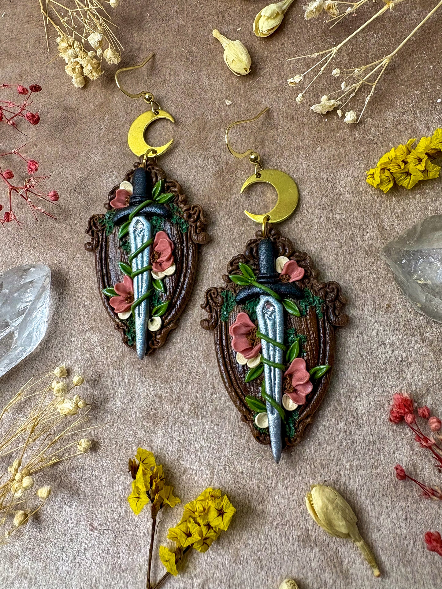 Wooden Floral Sword Frame Earrings