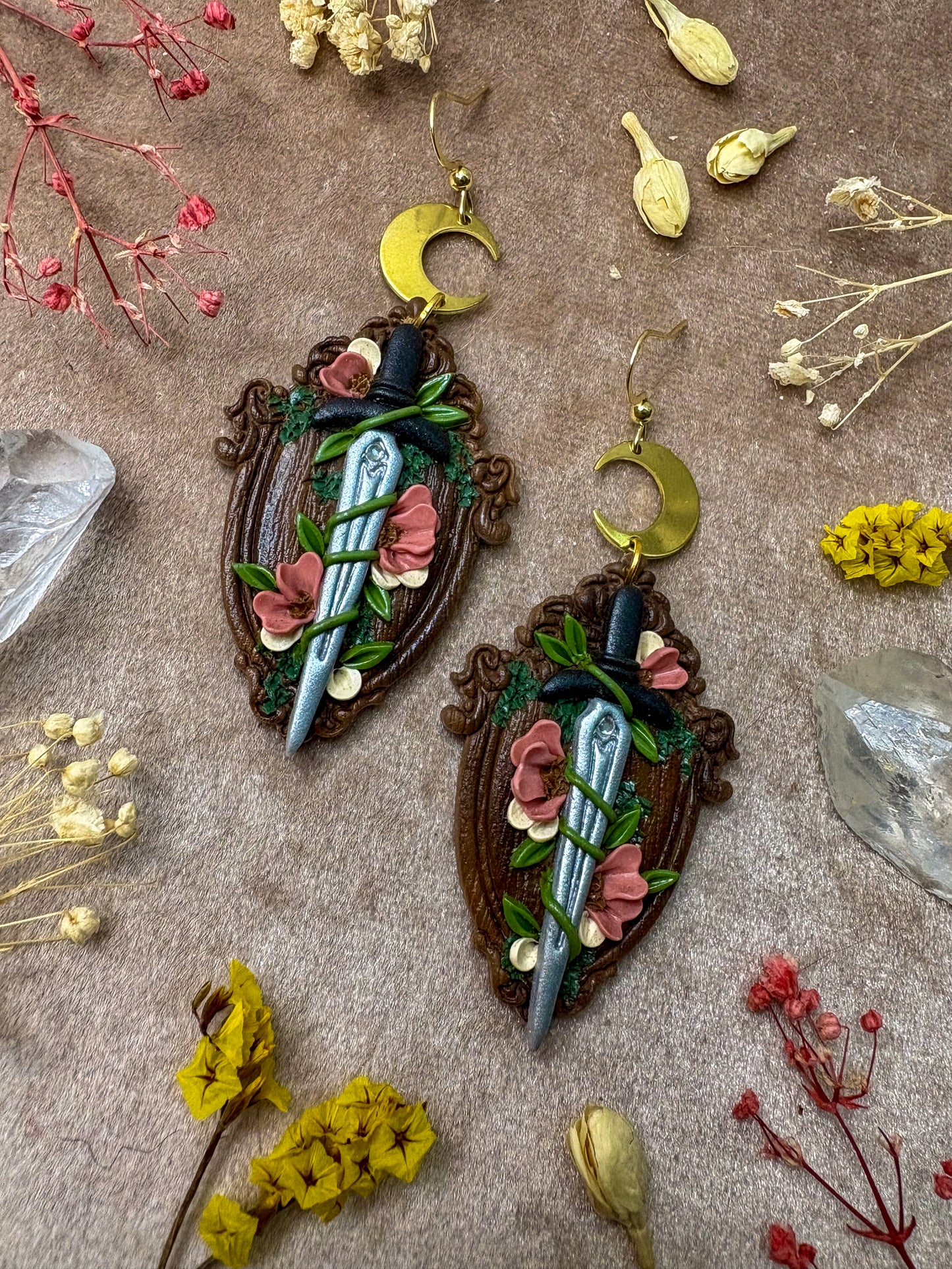 Wooden Floral Sword Frame Earrings