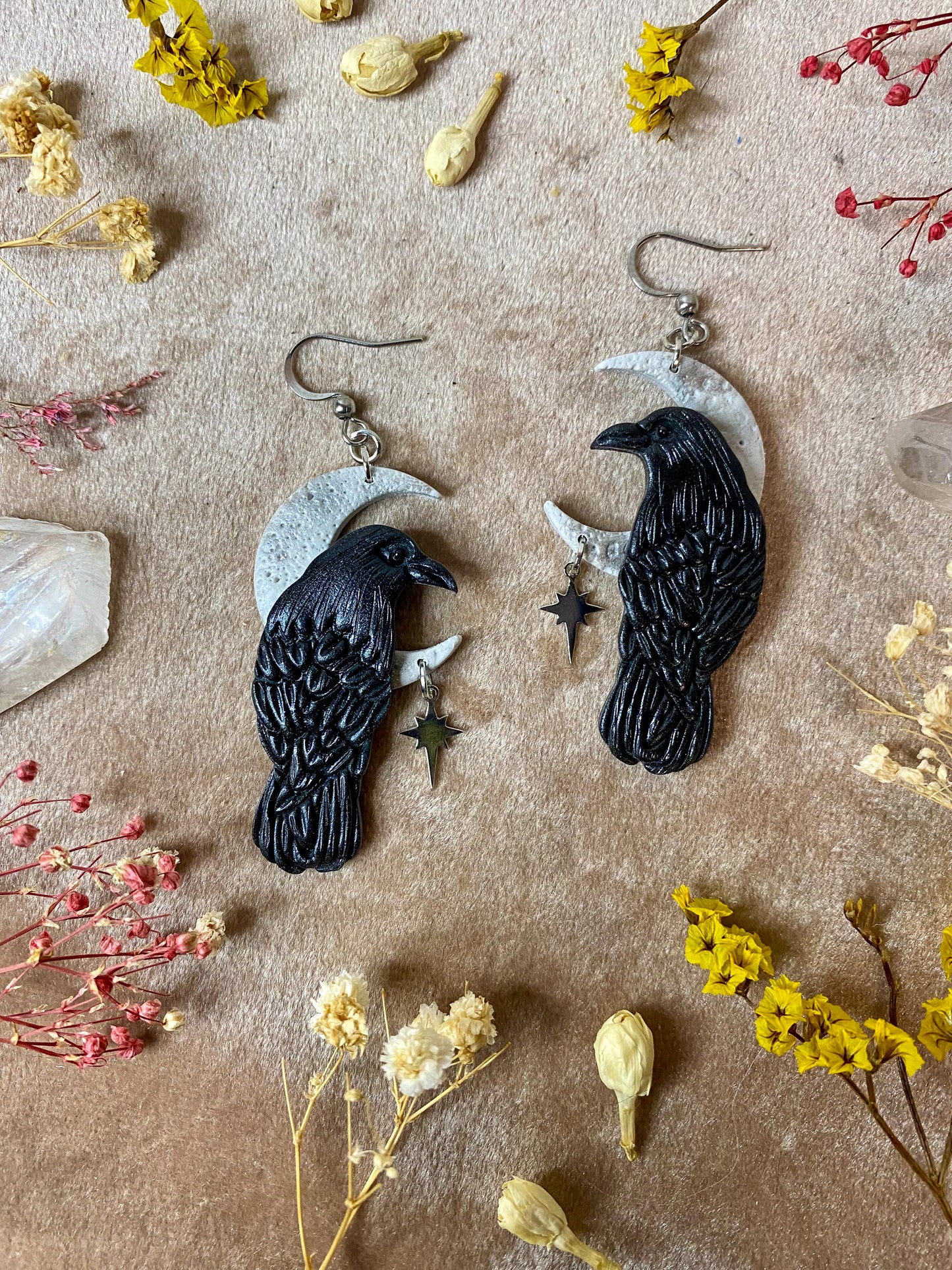 polymer clay raven moon dangle earrings