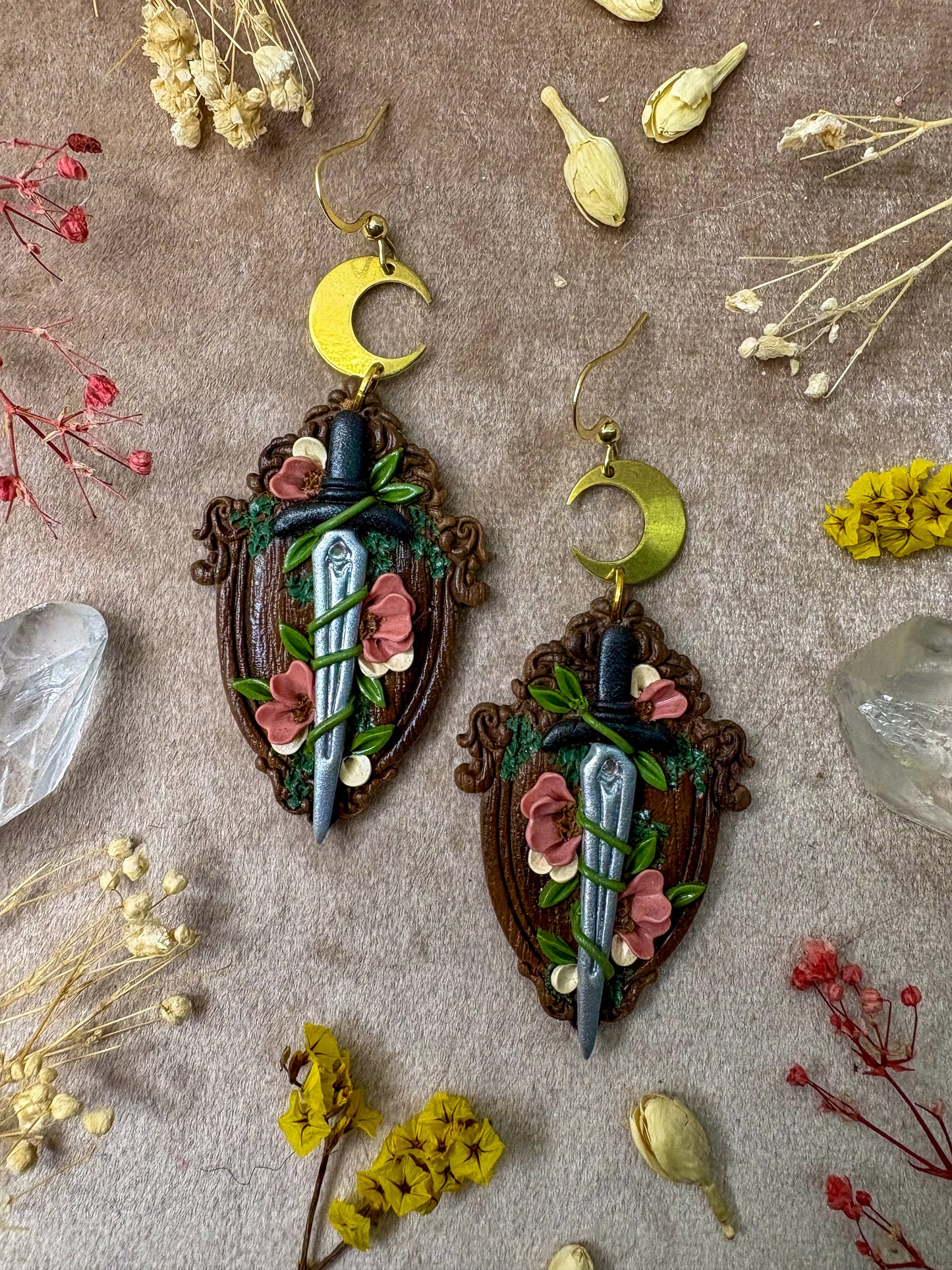 Wooden Floral Sword Frame Earrings