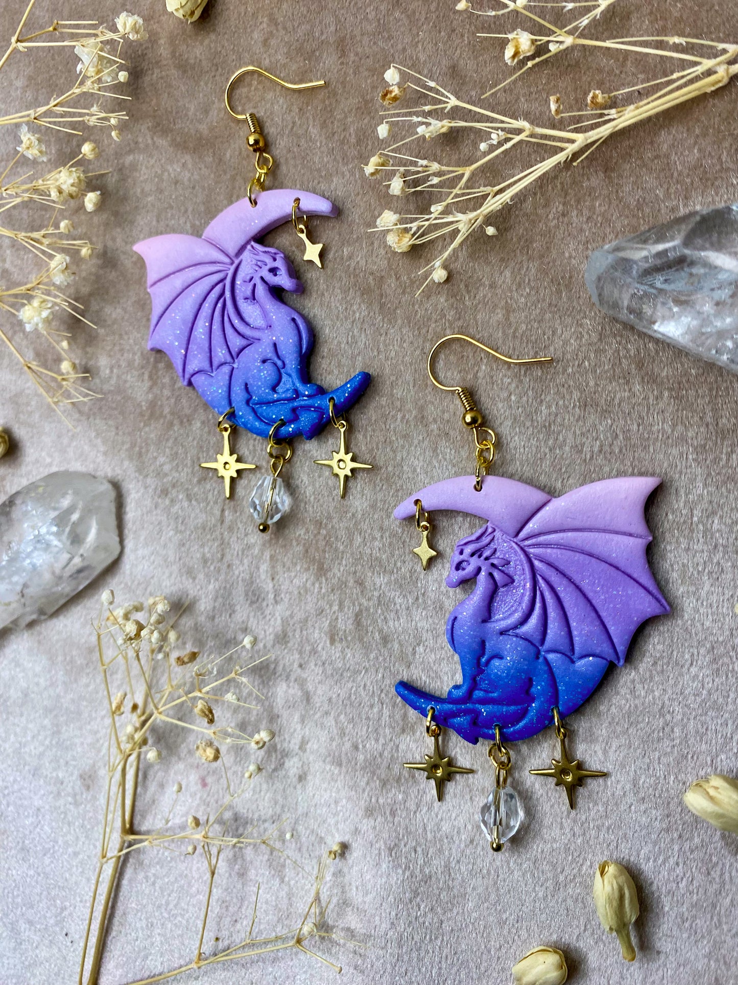 Blue and Purple Ombre Moon Dragon Earrings
