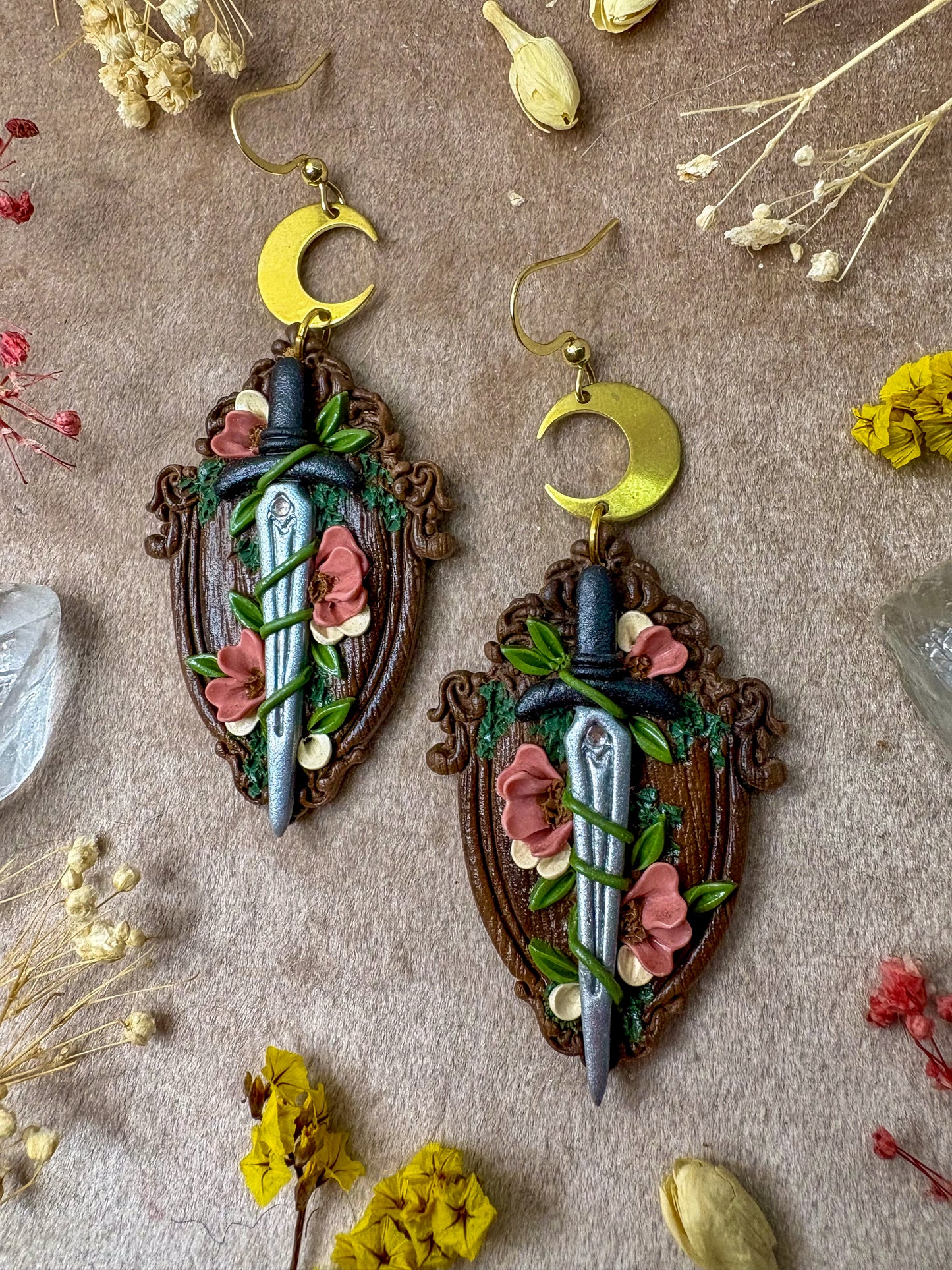 Wooden Floral Sword Frame Earrings