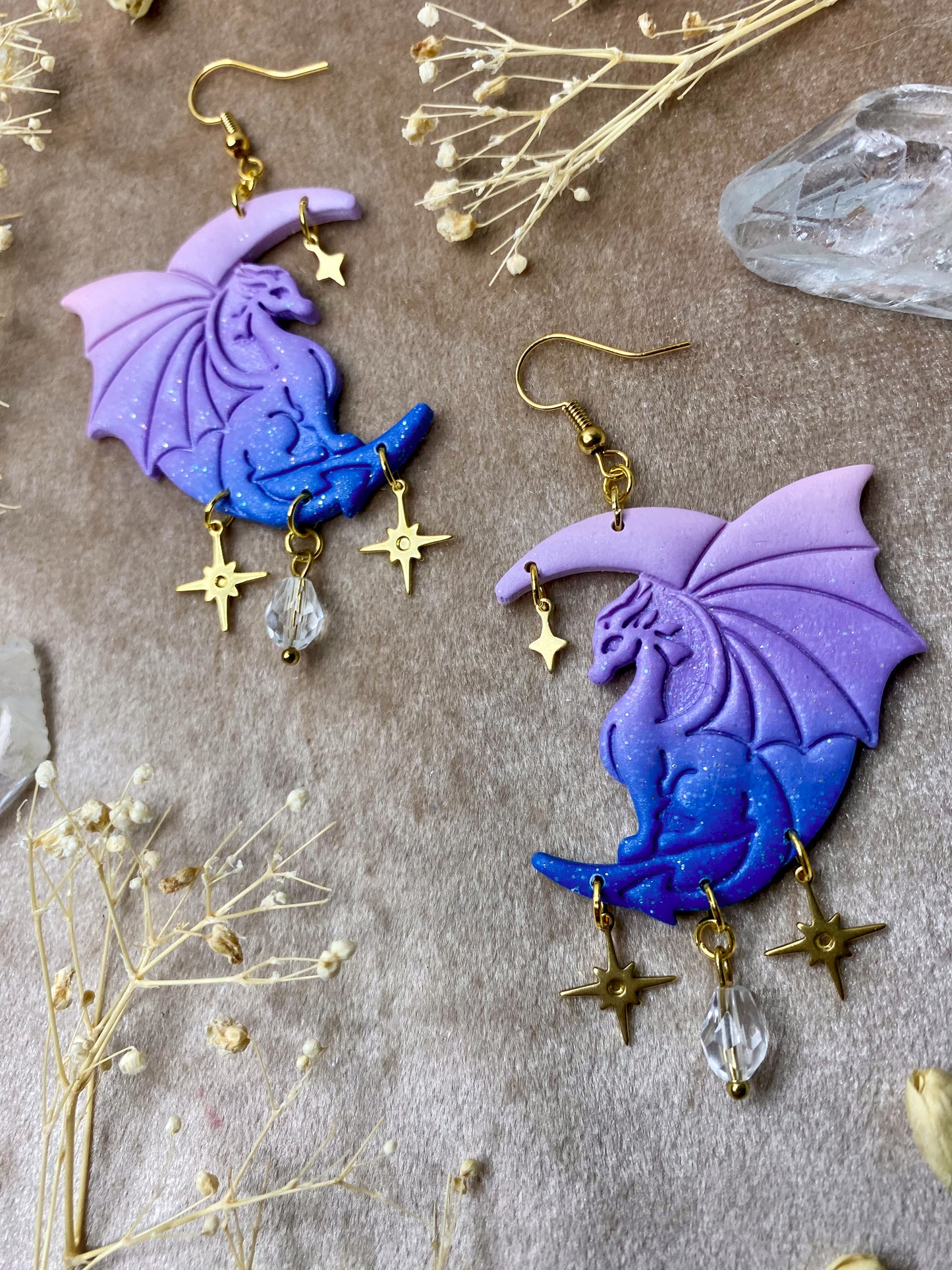 Blue and Purple Ombre Moon Dragon Earrings