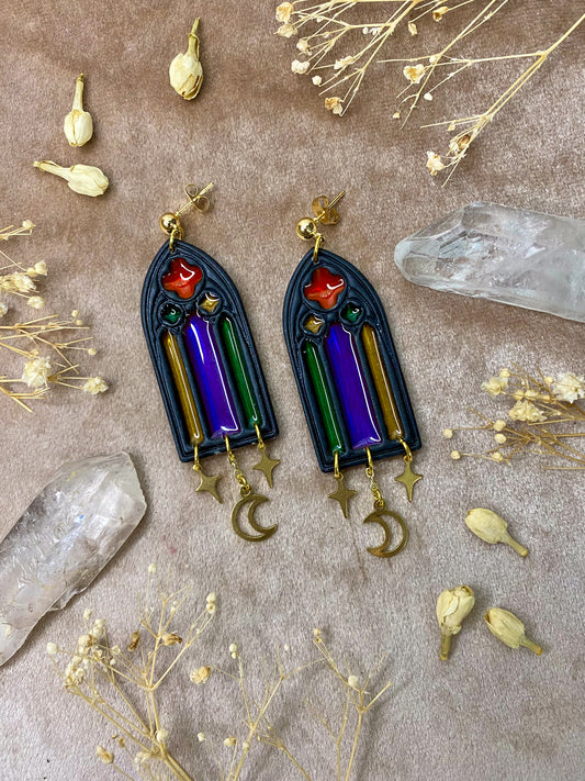 polymer clay and resin stained glass cathedral castle window fantasy dangle earrings