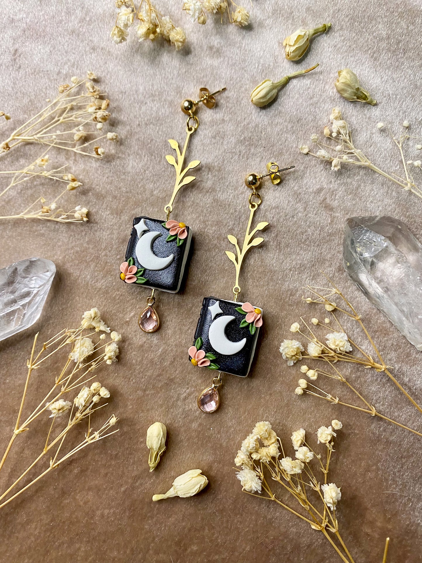 floral moon book polymer clay dangle earrings