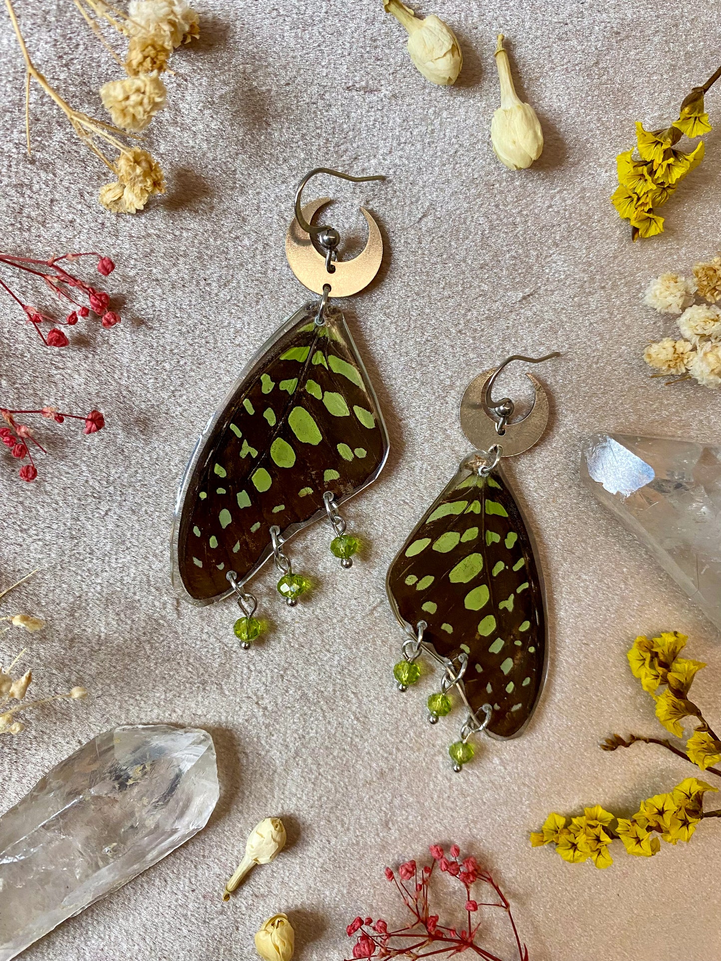 Green Spotted Triangle Butterfly Earrings