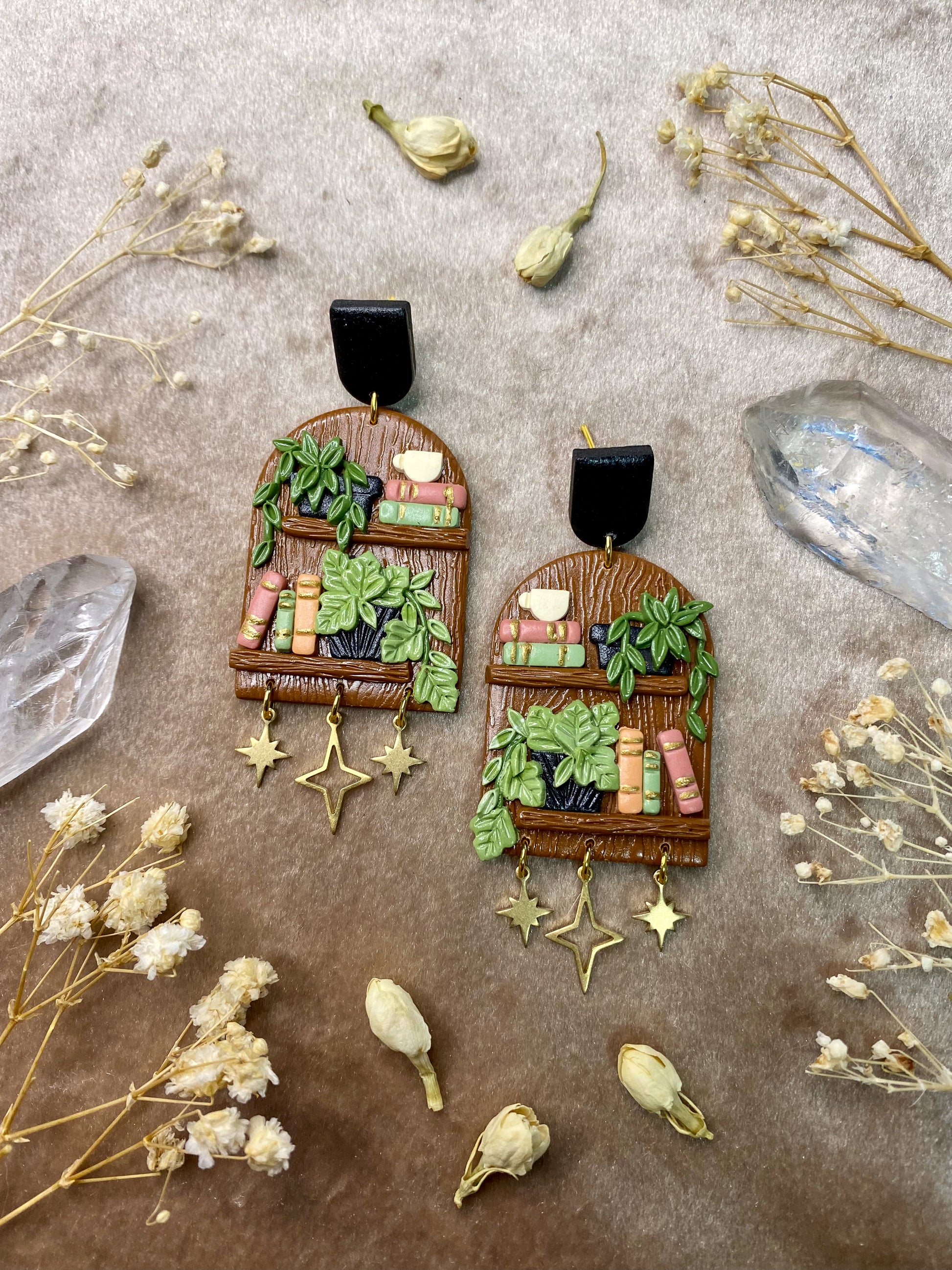 polymer clay books and plants bookcase dangle earrings with stars