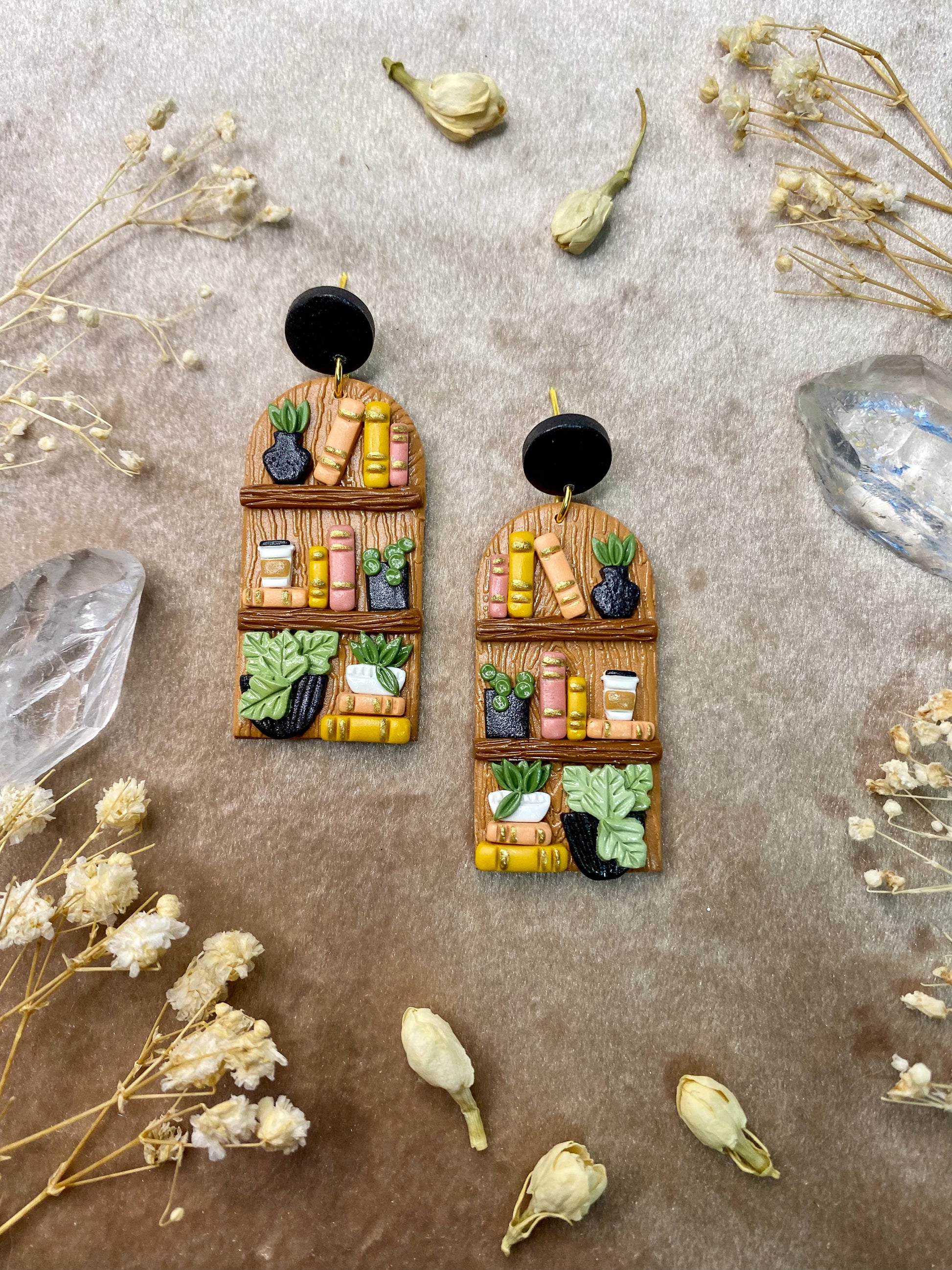 plants and books polymer clay bookcase dangle earrings