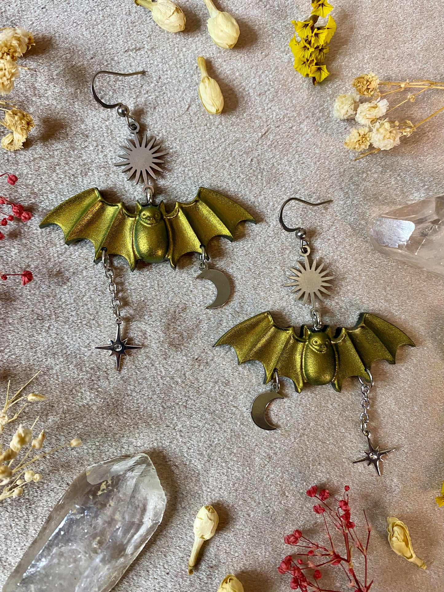 Yellow Metallic Bat Earrings