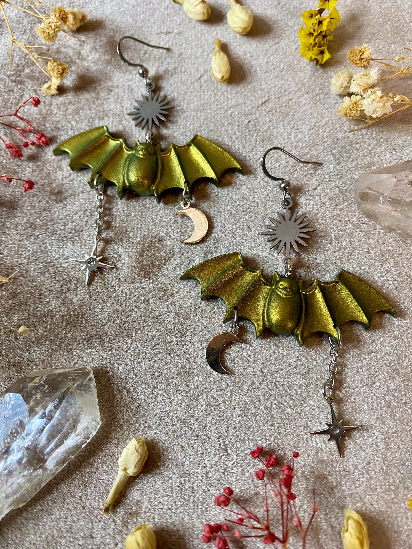 Yellow Metallic Bat Earrings