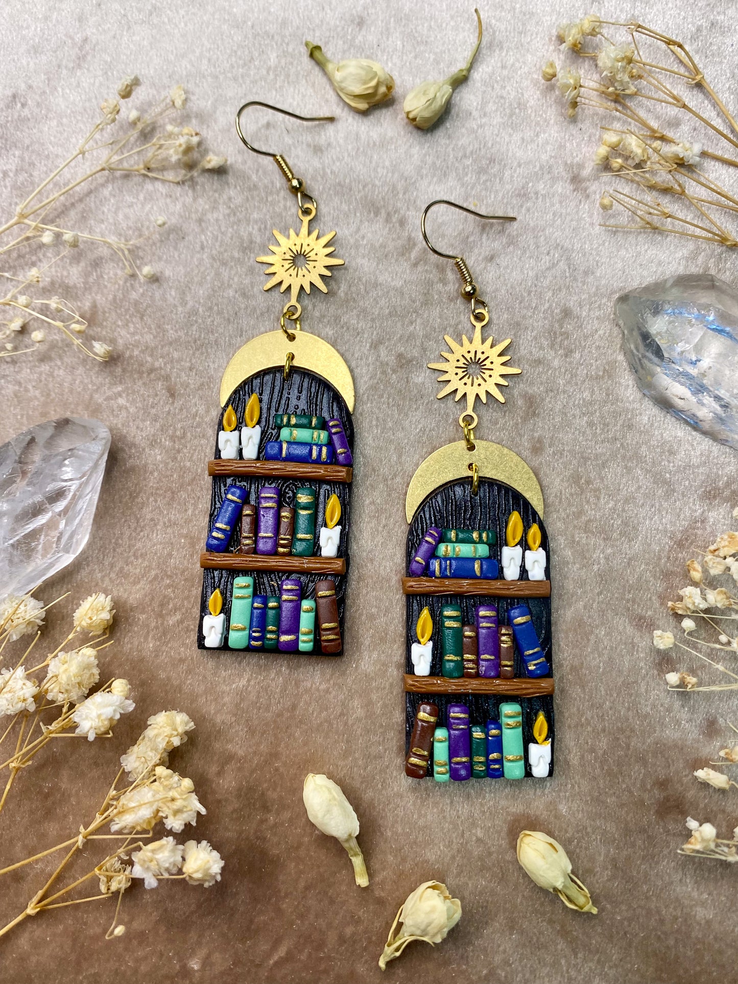 polymer clay candlelit bookcase dangle earrings