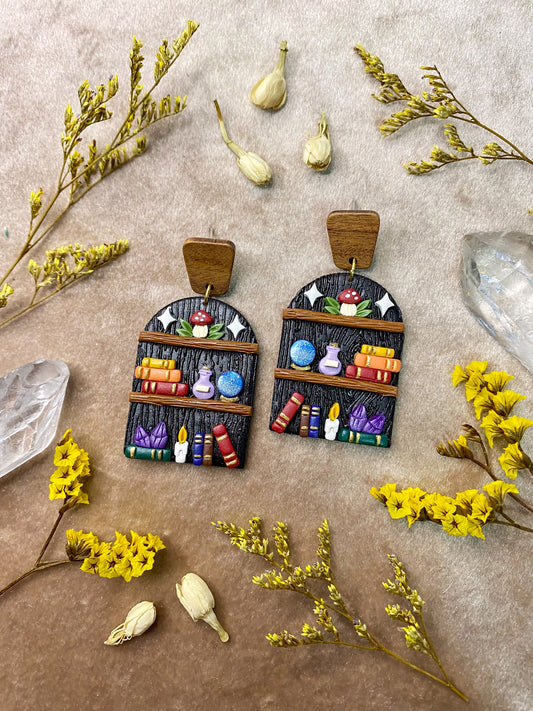 polymer clay black magical bookcase dangle earrings