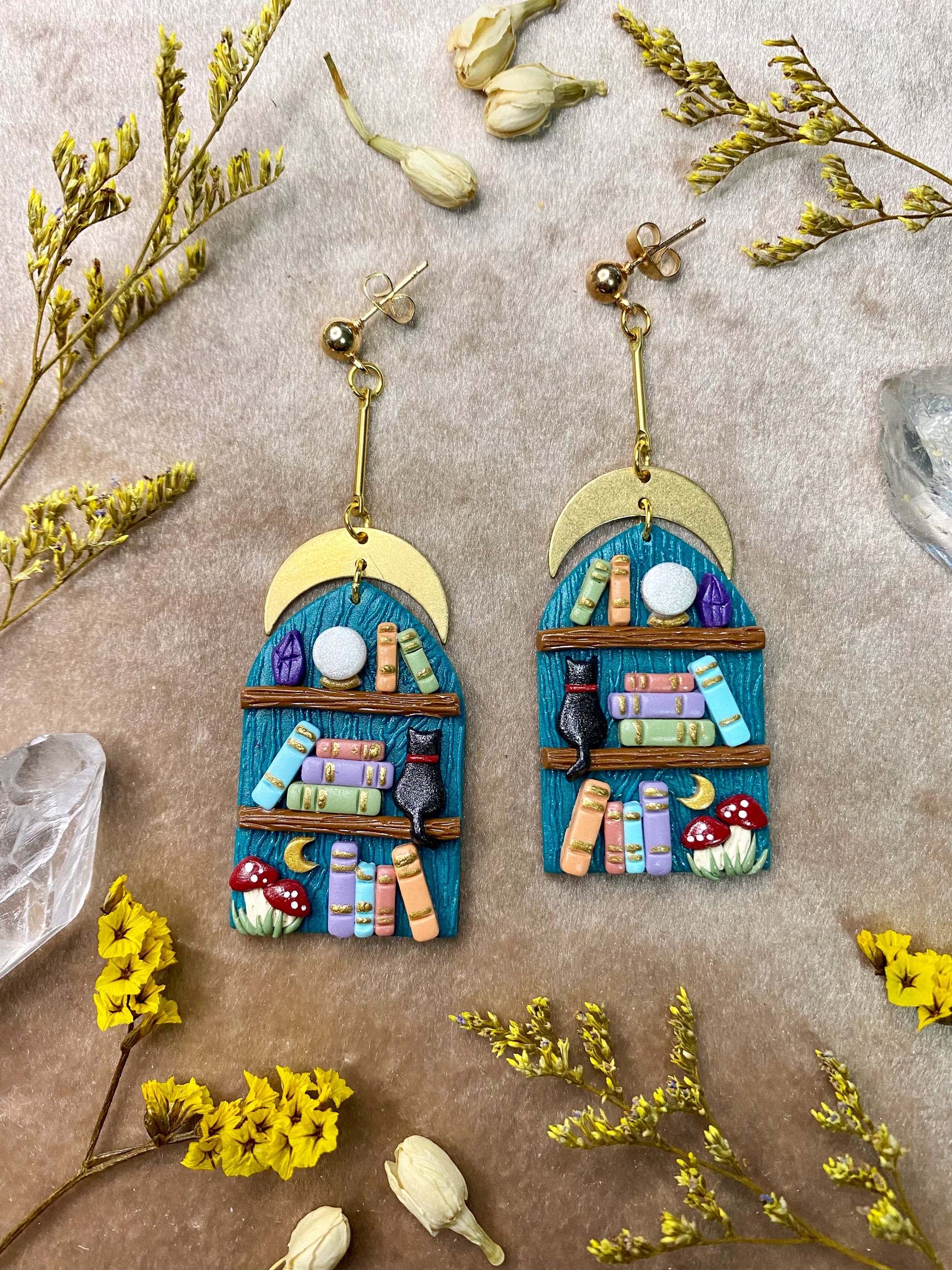 polymer clay teal mystic bookcase dangle earrings