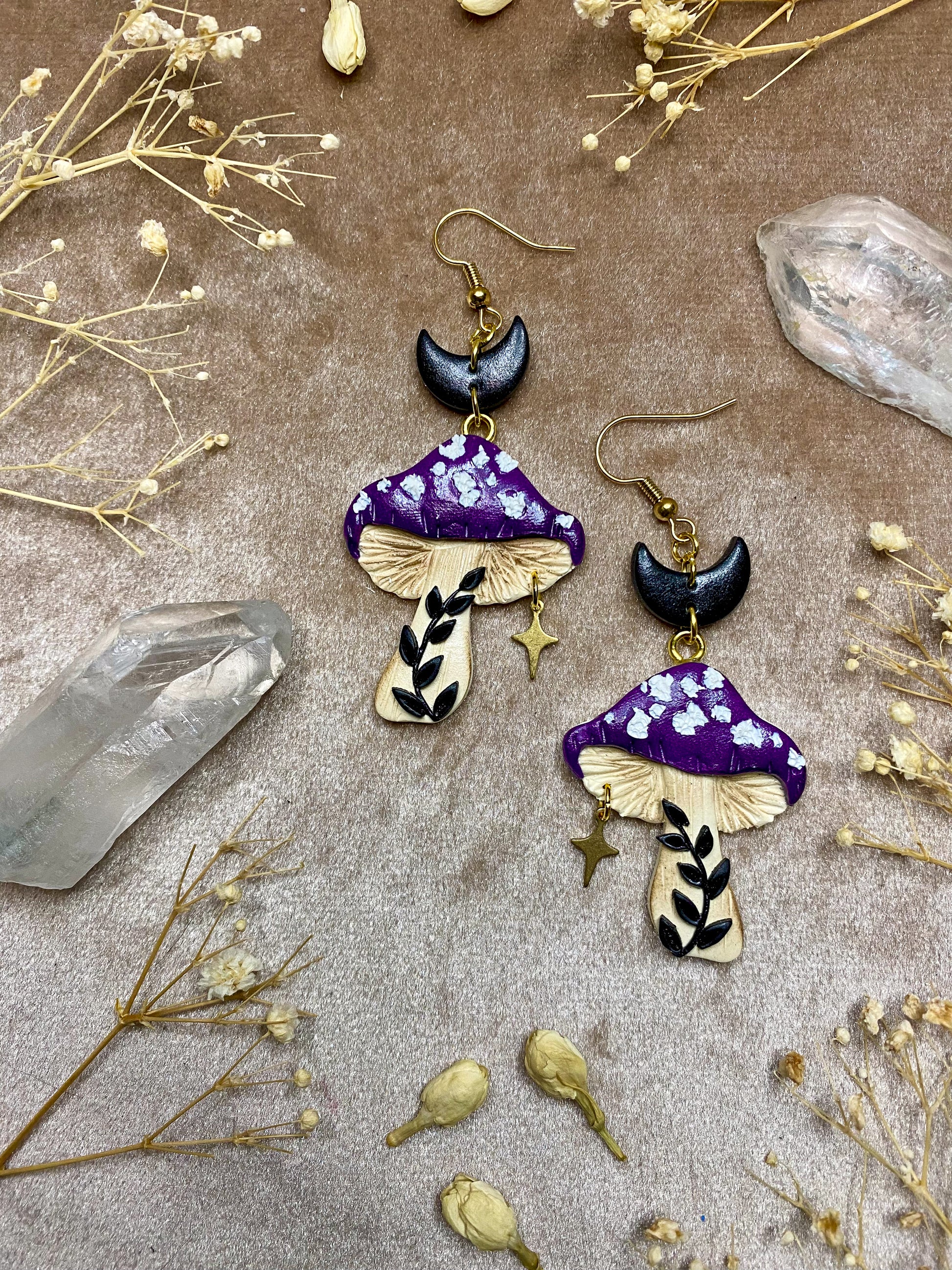 polymer clay purple cap mushroom celestial dangle earrings