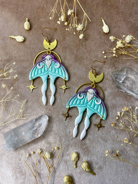 polymer clay luna moth celestial dangle earrings