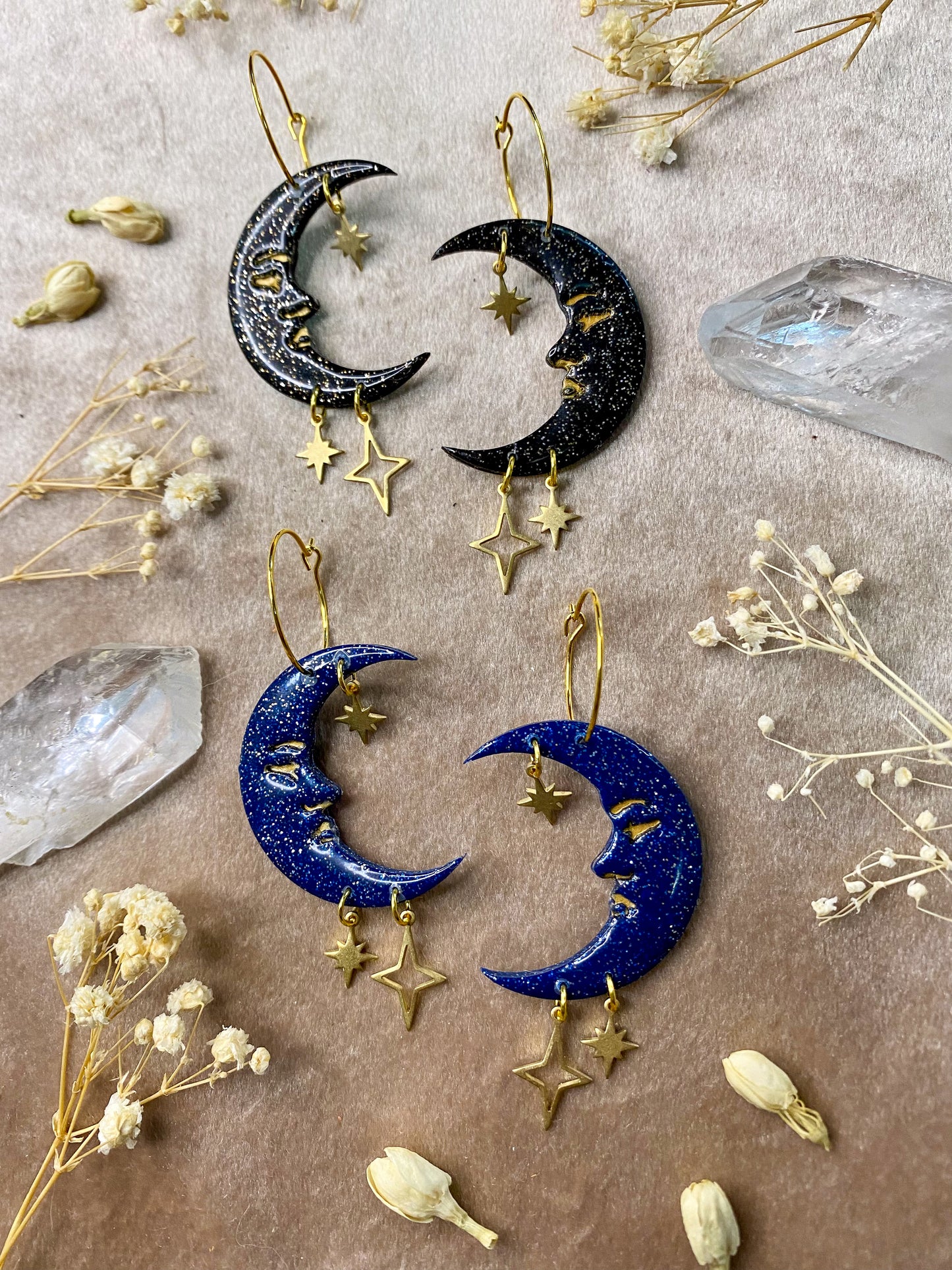 Glittery Starry Moon Hoop Earrings