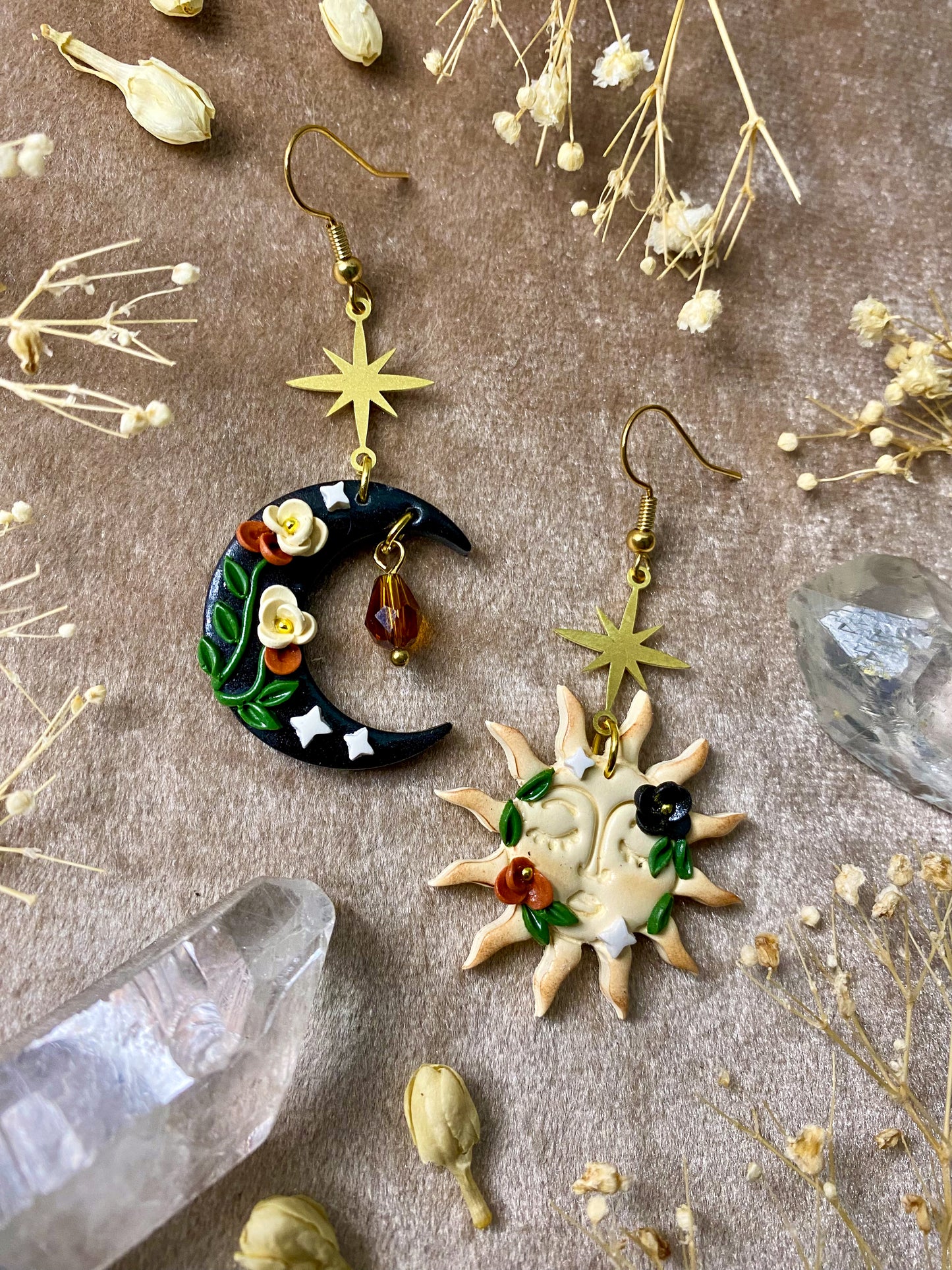 Floral Sun and Moon Earrings