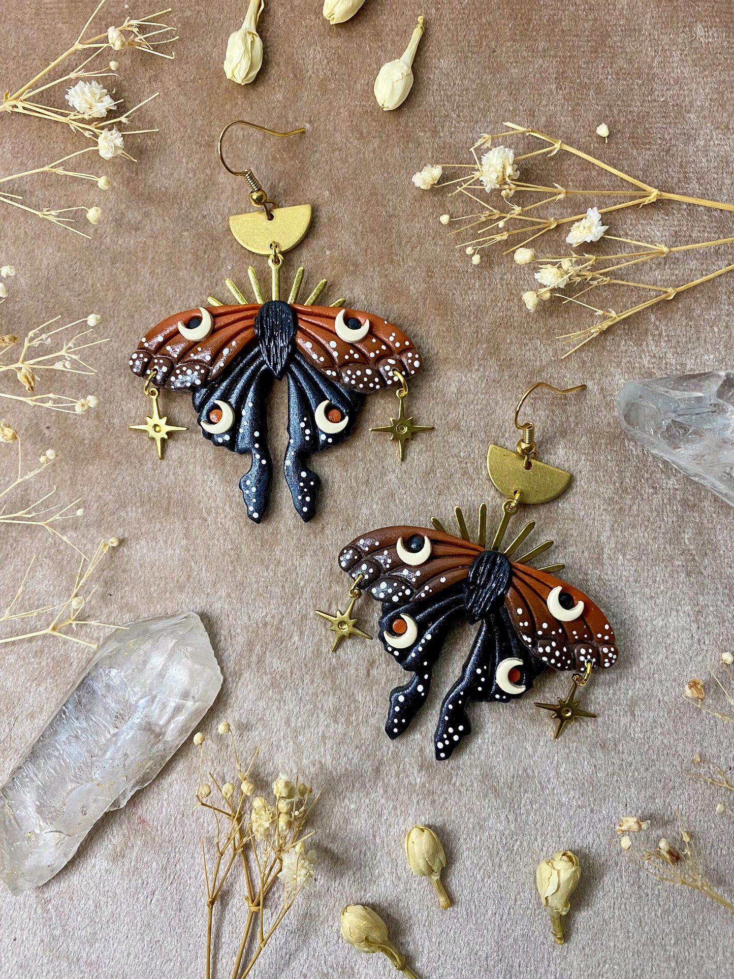 polymer clay cinnamon and black spotted moon moth dangle earrings