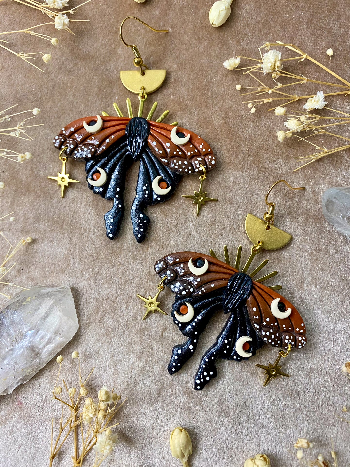 Cinnamon and Black Spotted Moon Moth Earrings