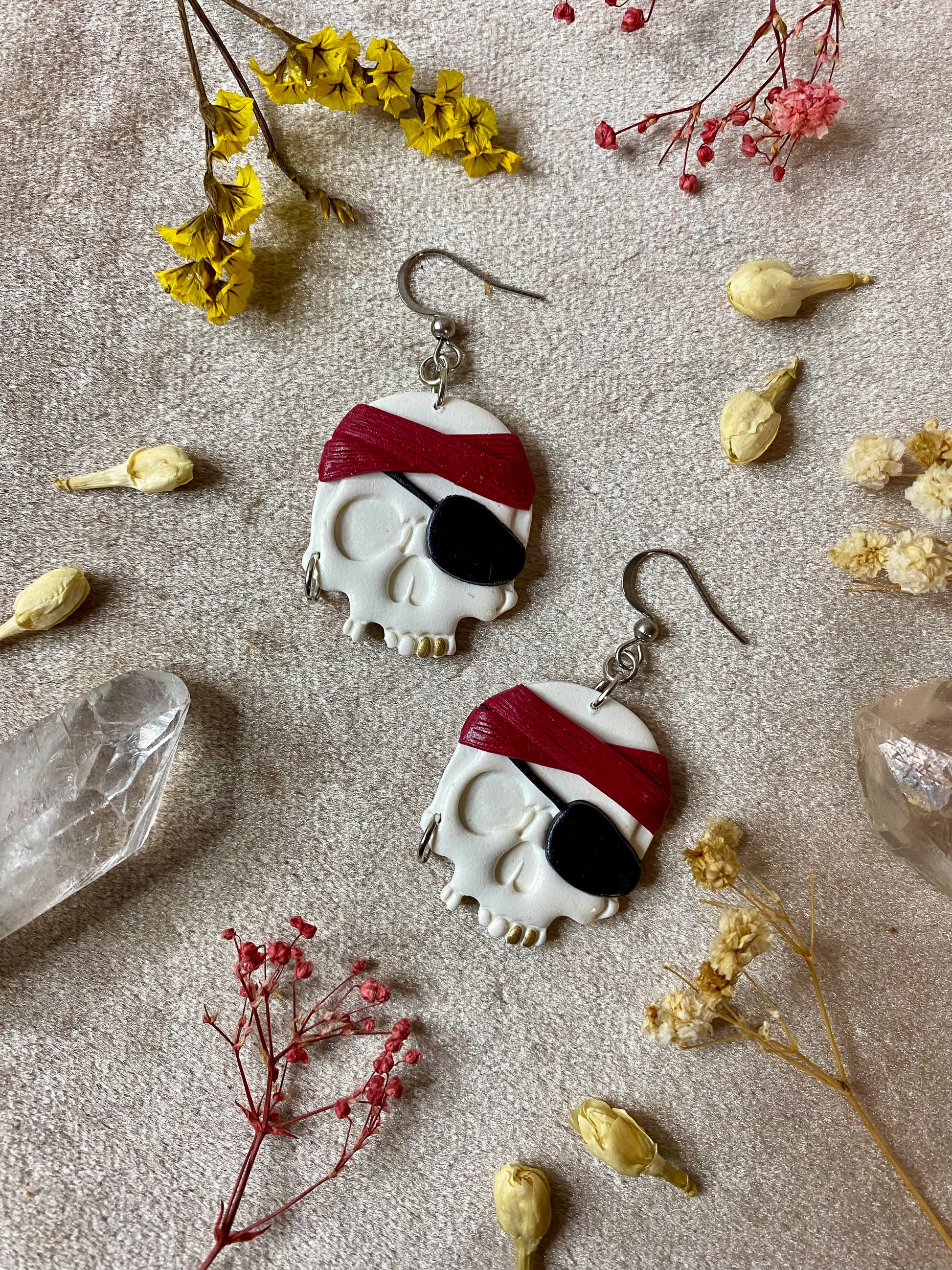 pirate skull earrings polymer clay dangles
