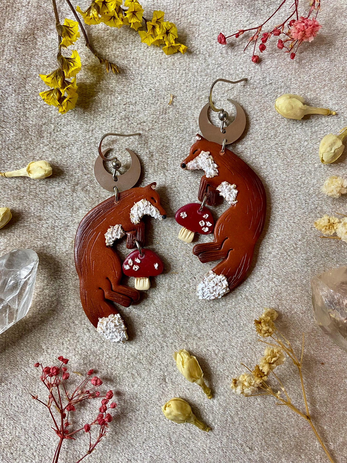 Sleeping Fox and Mushroom Earrings (Silver)