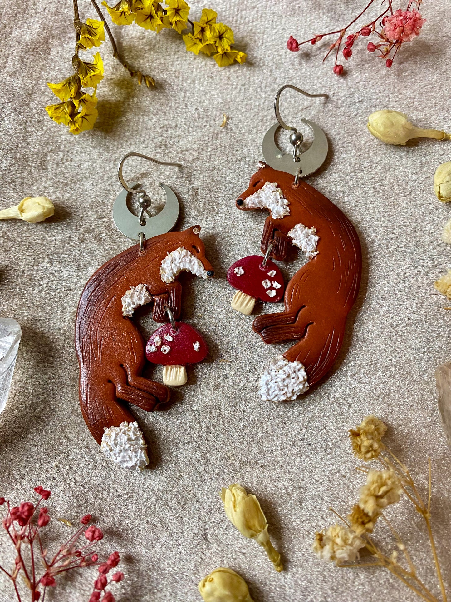 Sleeping Fox and Mushroom Earrings (Silver)