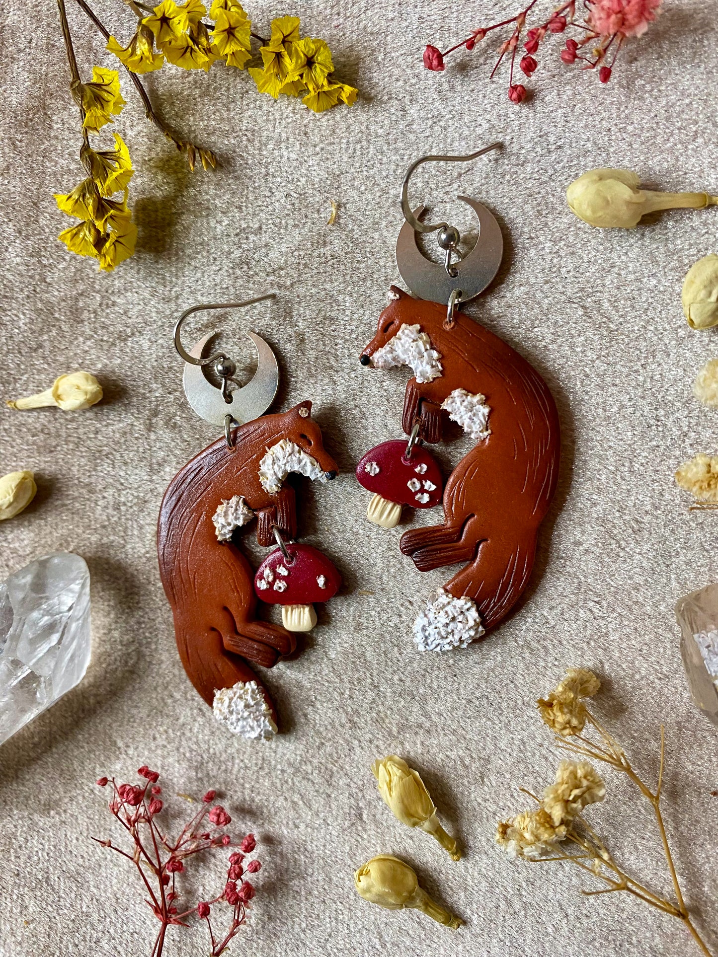 Sleeping Fox and Mushroom Earrings (Silver)