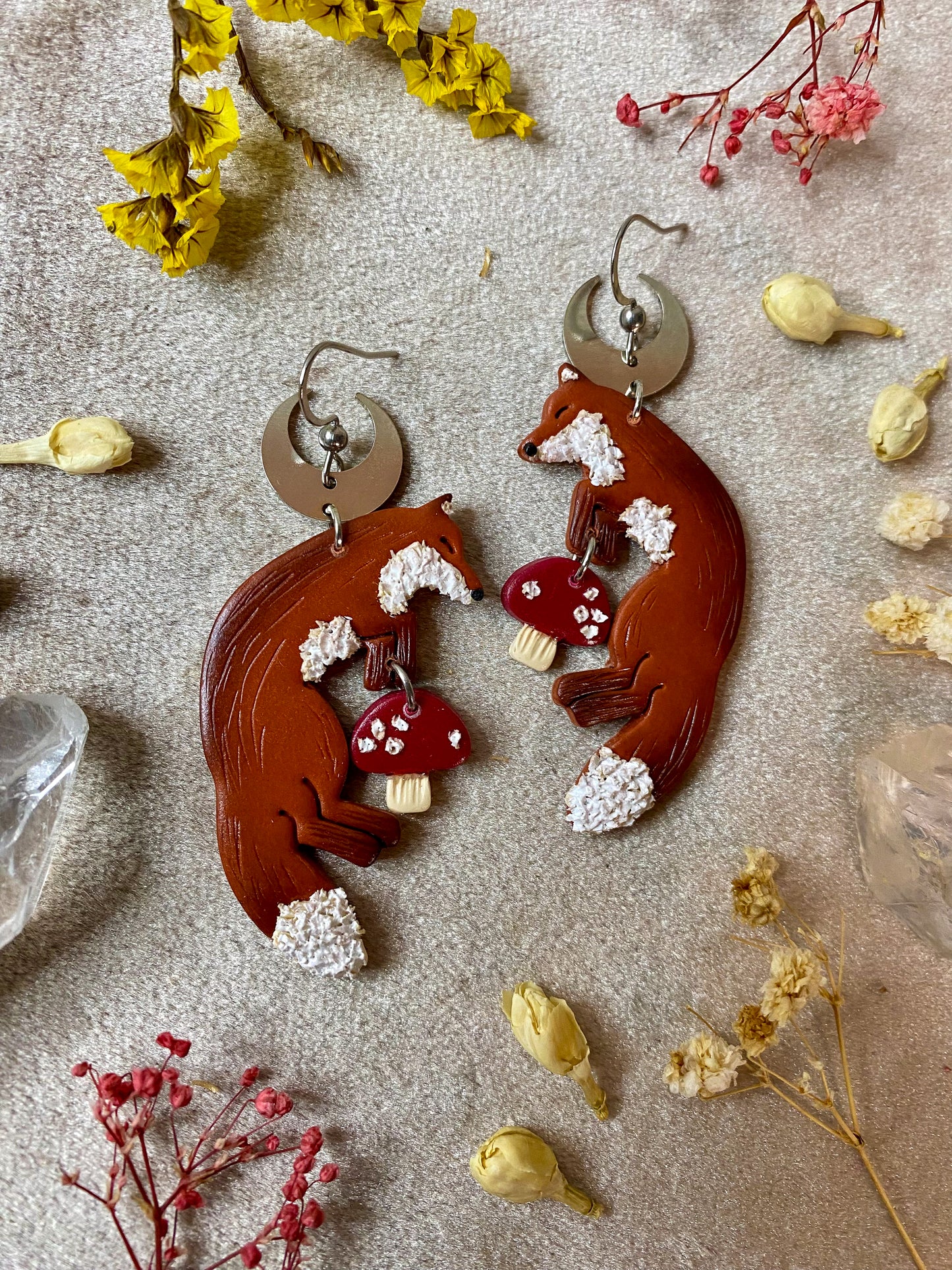 Sleeping Fox and Mushroom Earrings (Silver)