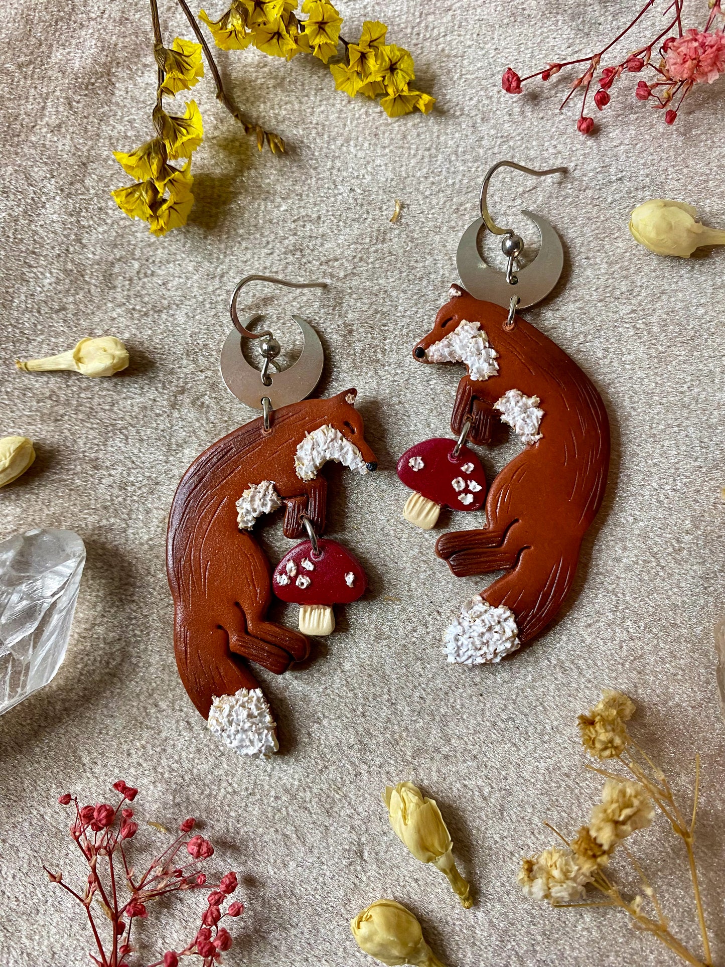 Sleeping Fox and Mushroom Earrings (Silver)