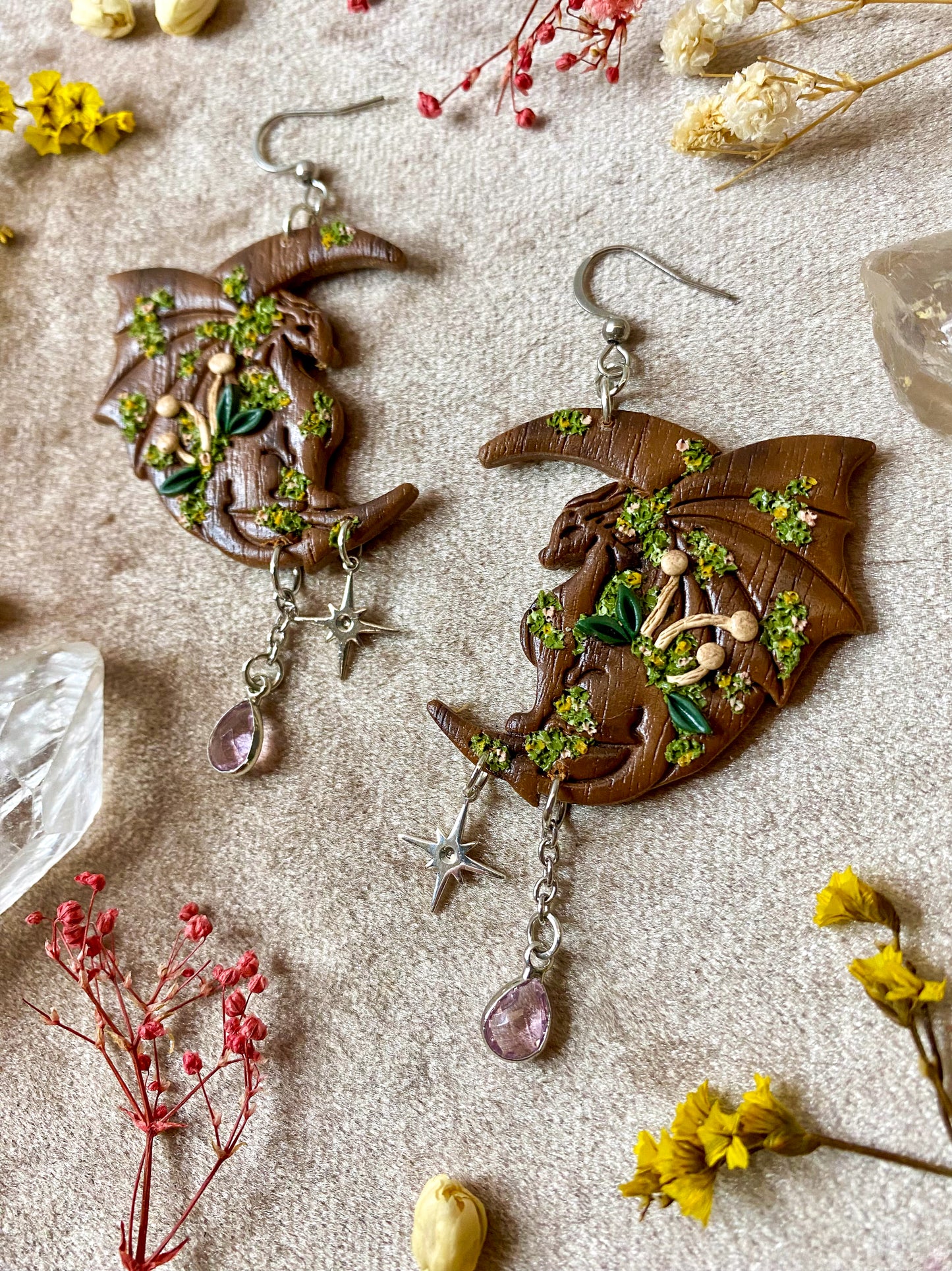 Wooden Moon Dragon Earrings