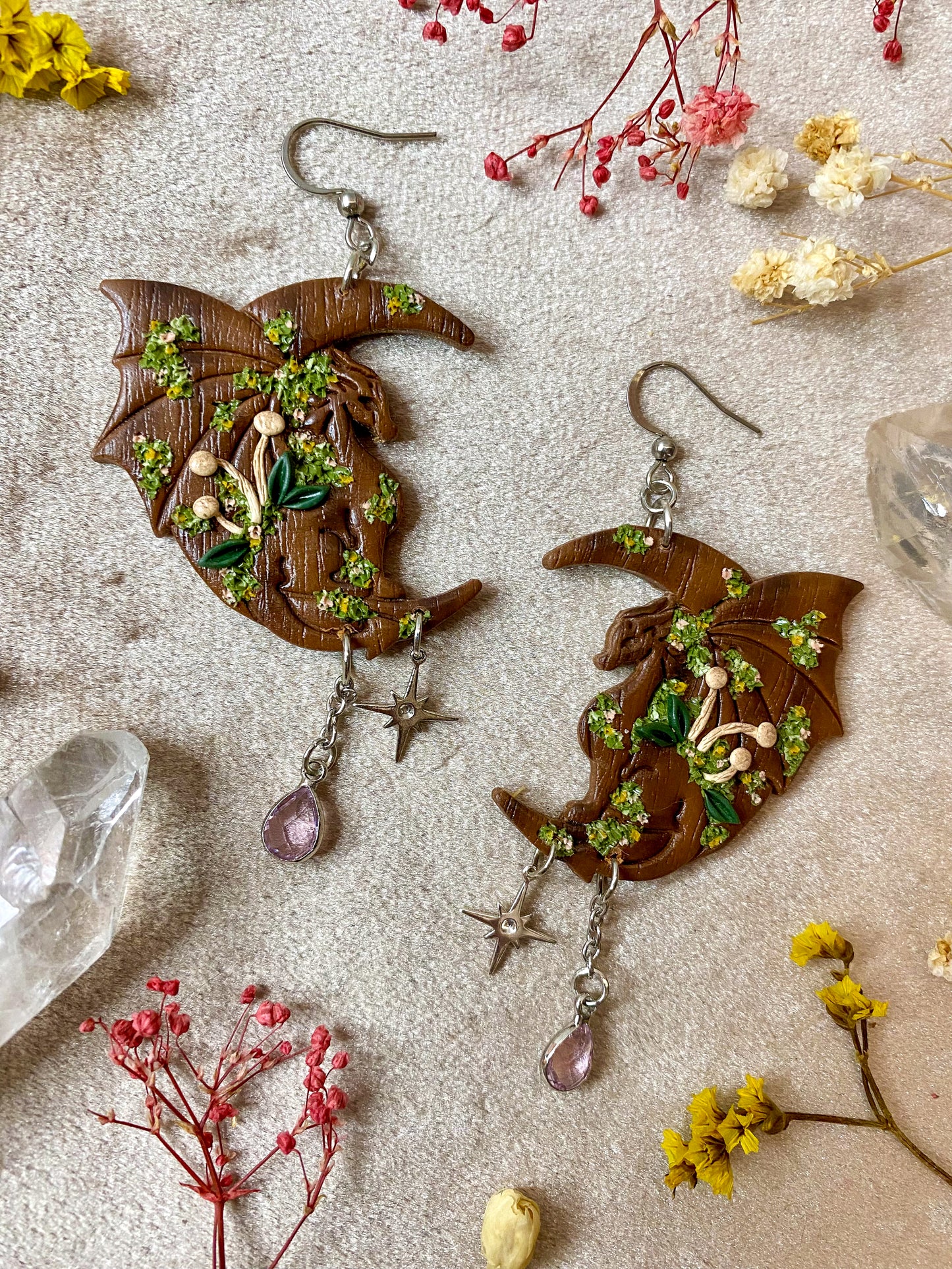 Wooden Moon Dragon Earrings