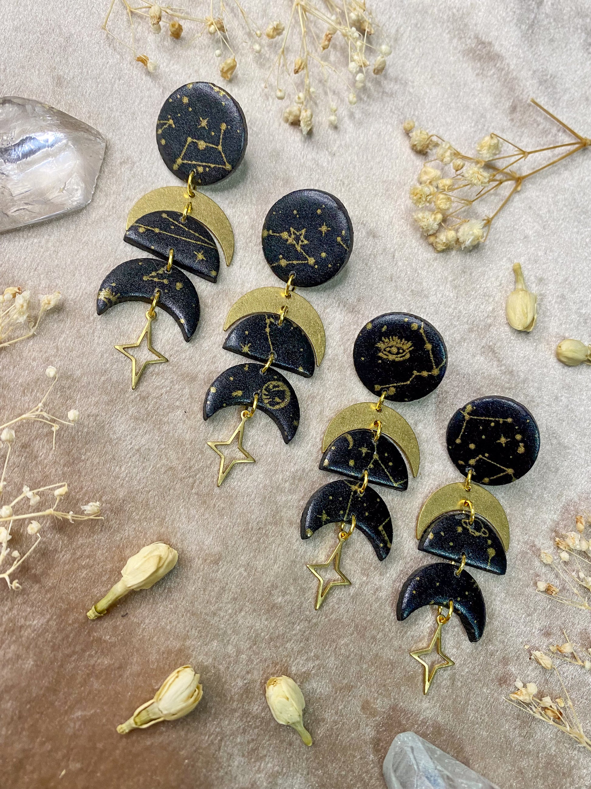 polymer clay constellation moon phase dangle earrings