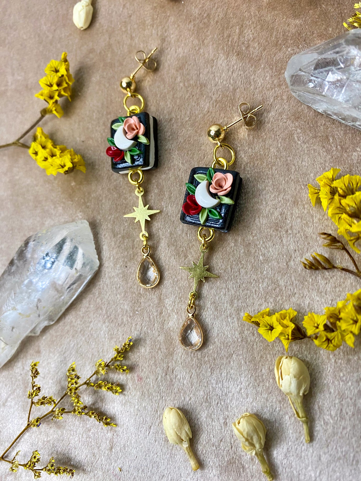 Floral Mini Moon Book Earrings