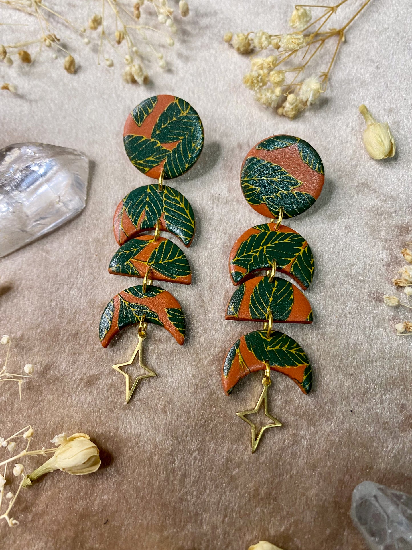 Orange Boho Leaf Moon Phase Earrings
