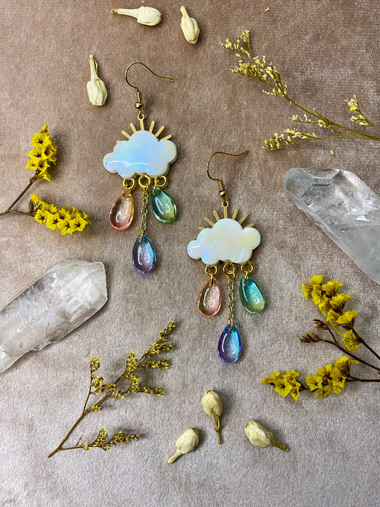 polymer clay and resin iridescent cloud rainbow drop earrings