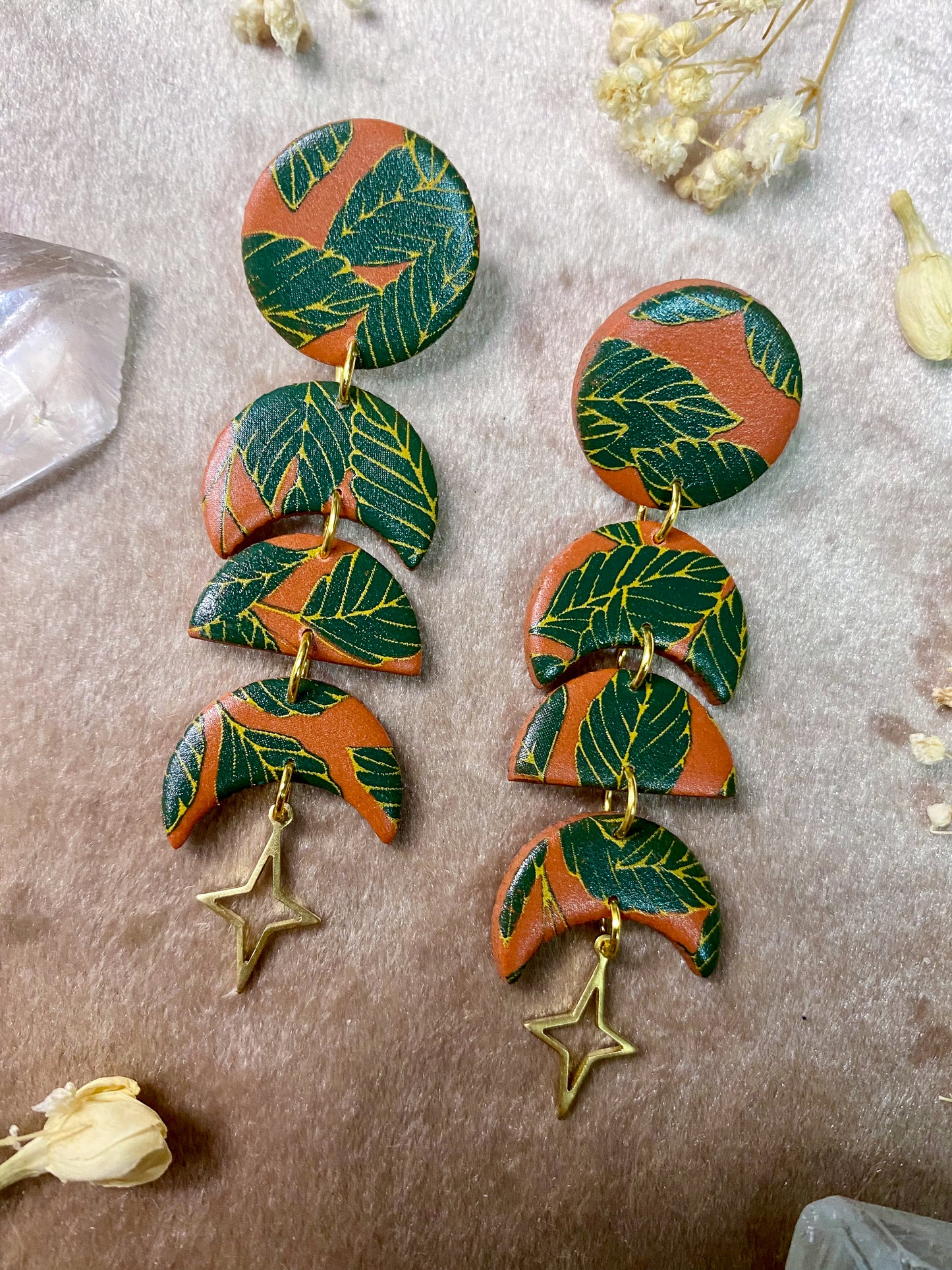 Orange Boho Leaf Moon Phase Earrings