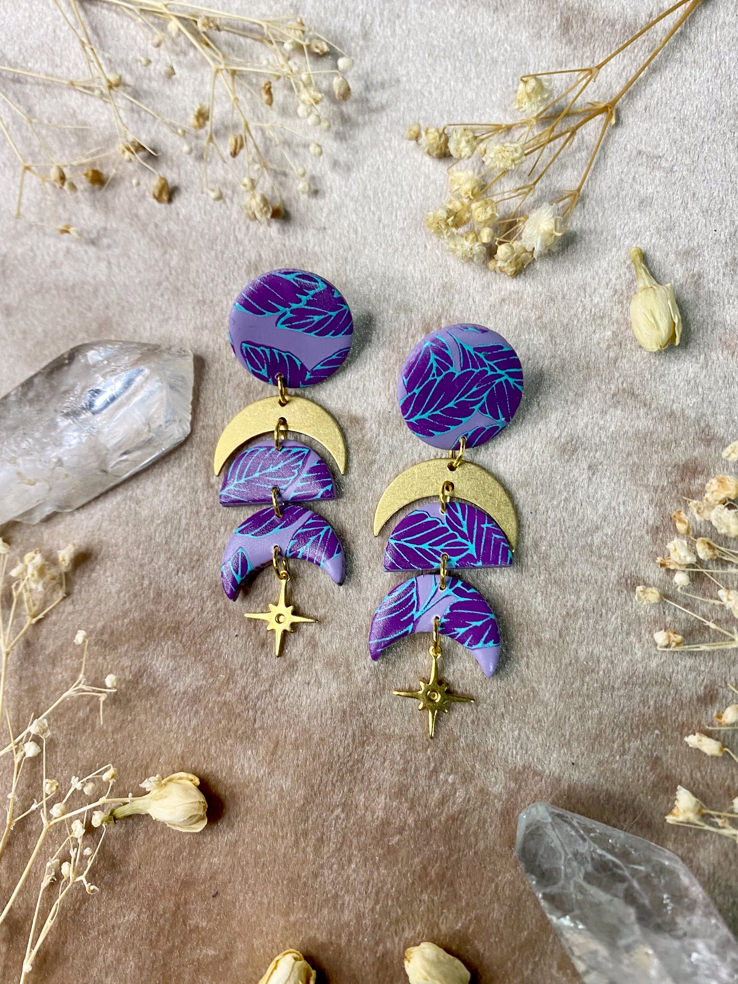 polymer clay purple boho leaf moon phase dangle earrings