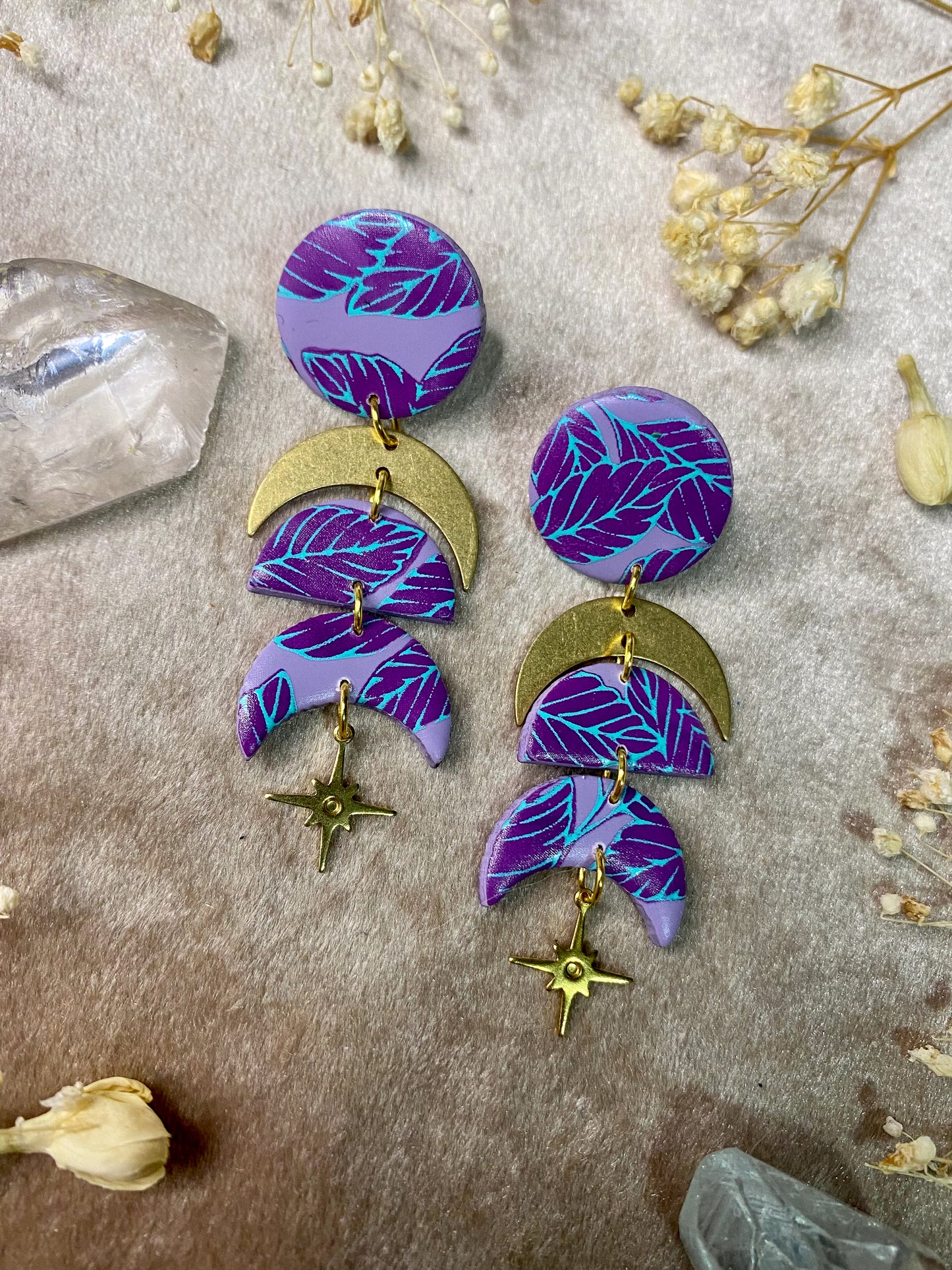 Purple Boho Leaf Moon Phase Earrings