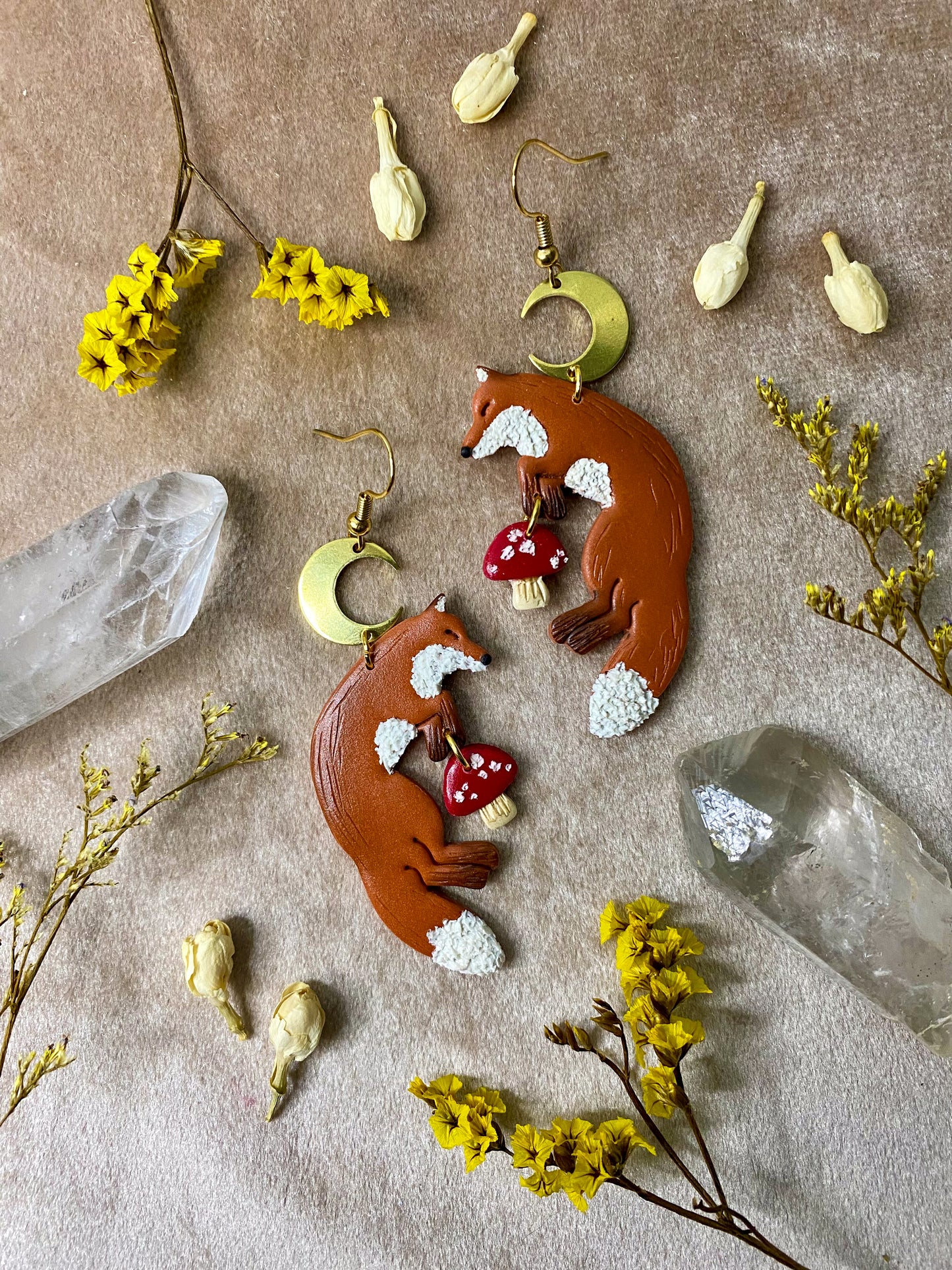 polymer clay sleeping fox and mushroom dangle earrings
