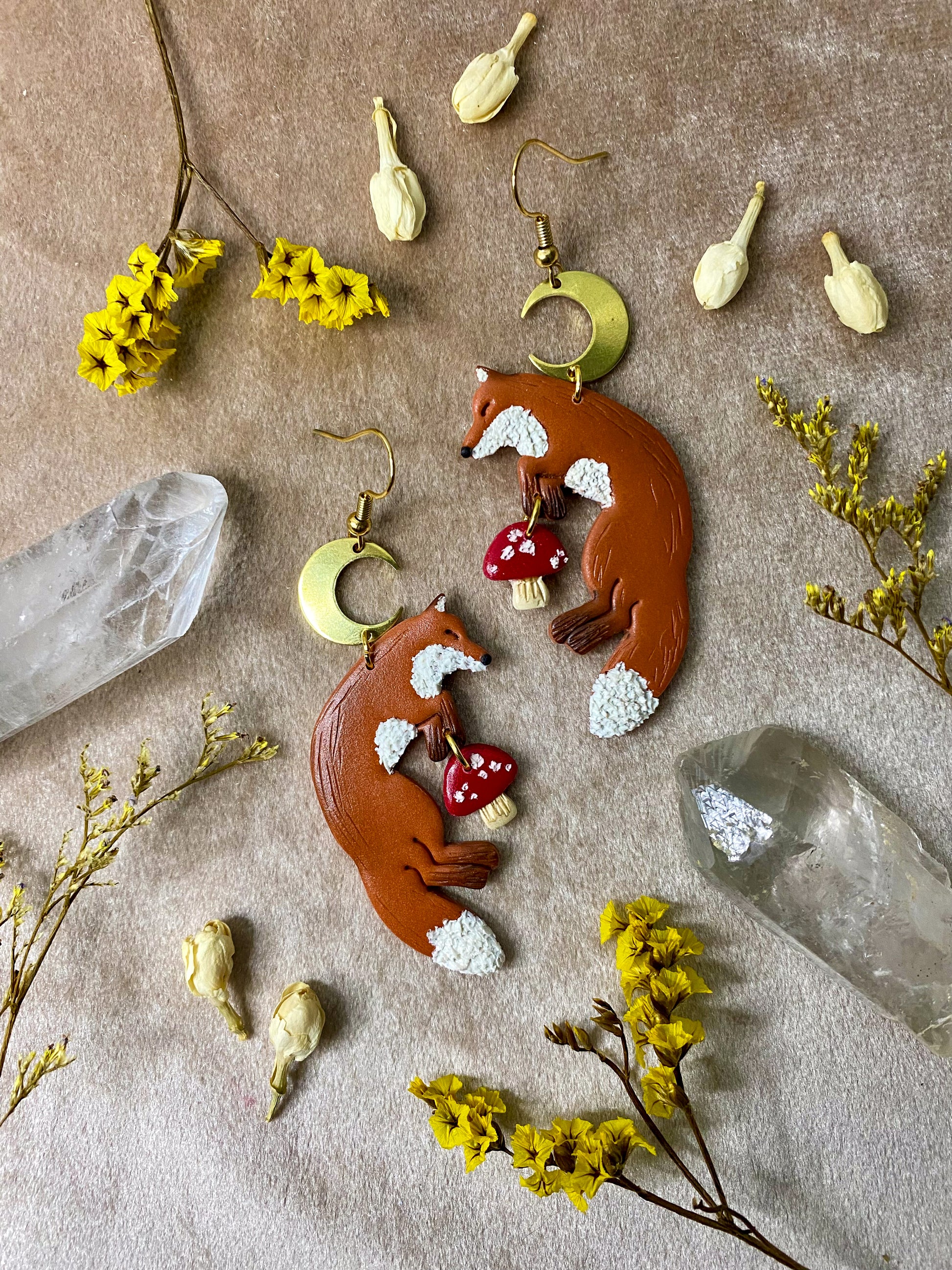 polymer clay sleeping fox and mushroom dangle earrings