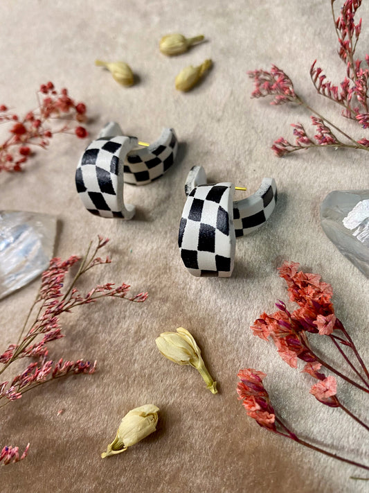 checkered pattern polymer clay huggie hoop earrings