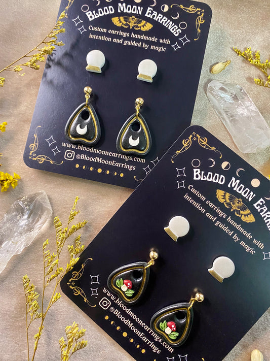 polymer clay crystal ball and planchette dangle and stud earrings pack
