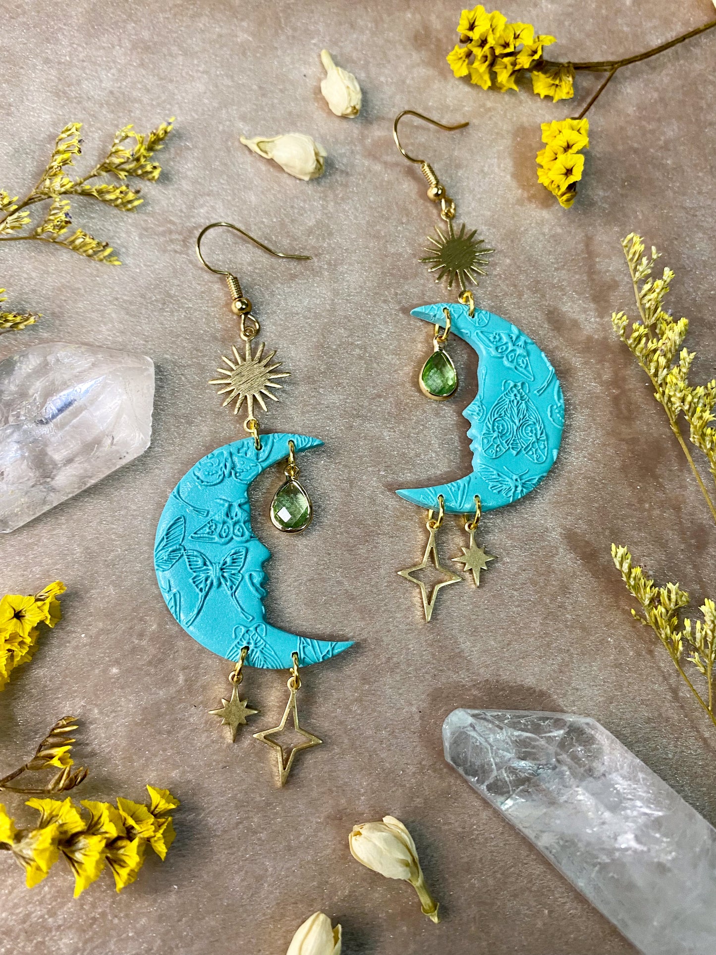 Teal Moth Moon Earrings